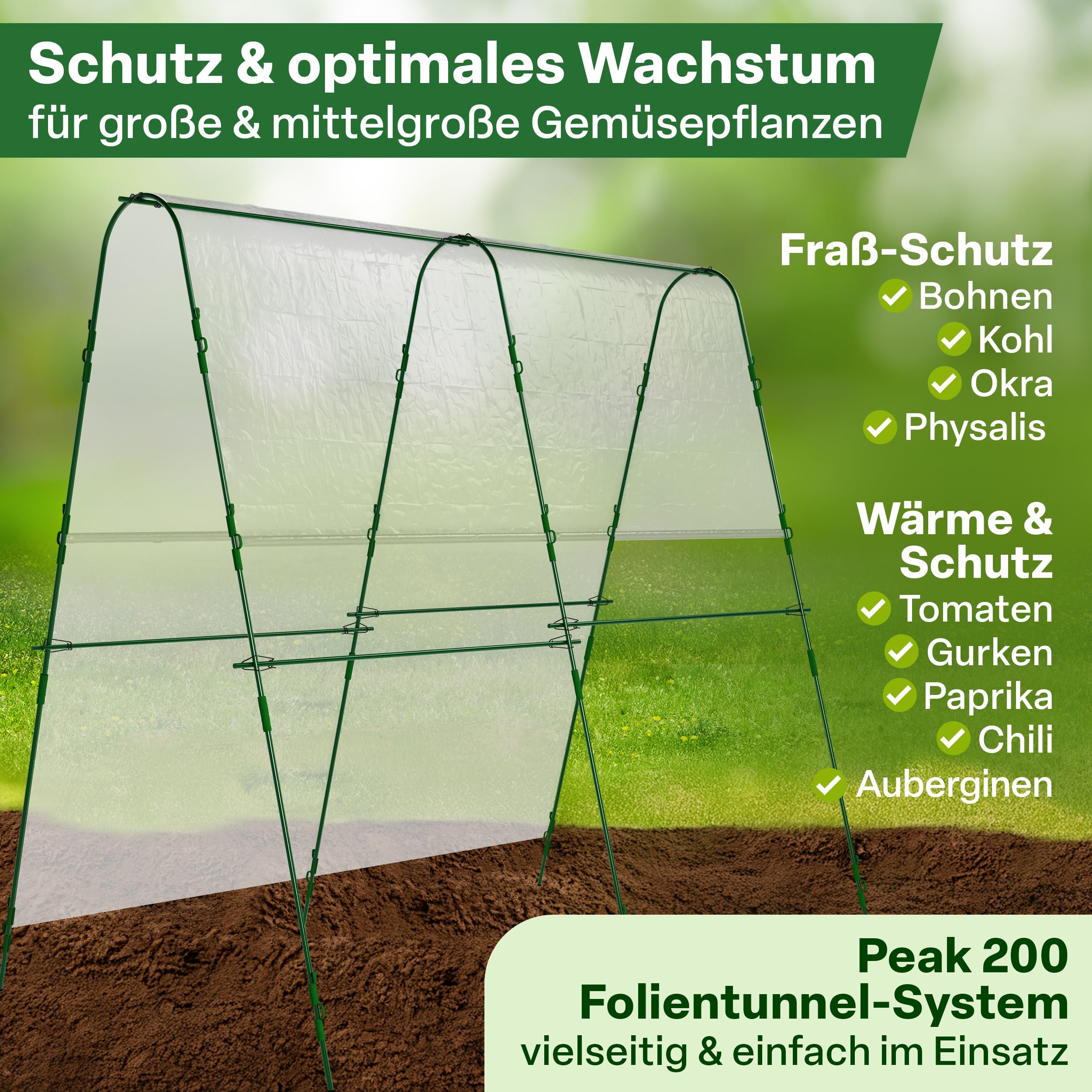 TTL GARDEN Peak L 200 Folientunnel & Tunnelbogen - Pflanztunnel mit Folie, Beetabdeckung für große Pflanzen 2m hoch, 1,20m breit, 2m lang, Folien Tunnel Bögen System, Stahl rostfrei Tomaten Bohnen