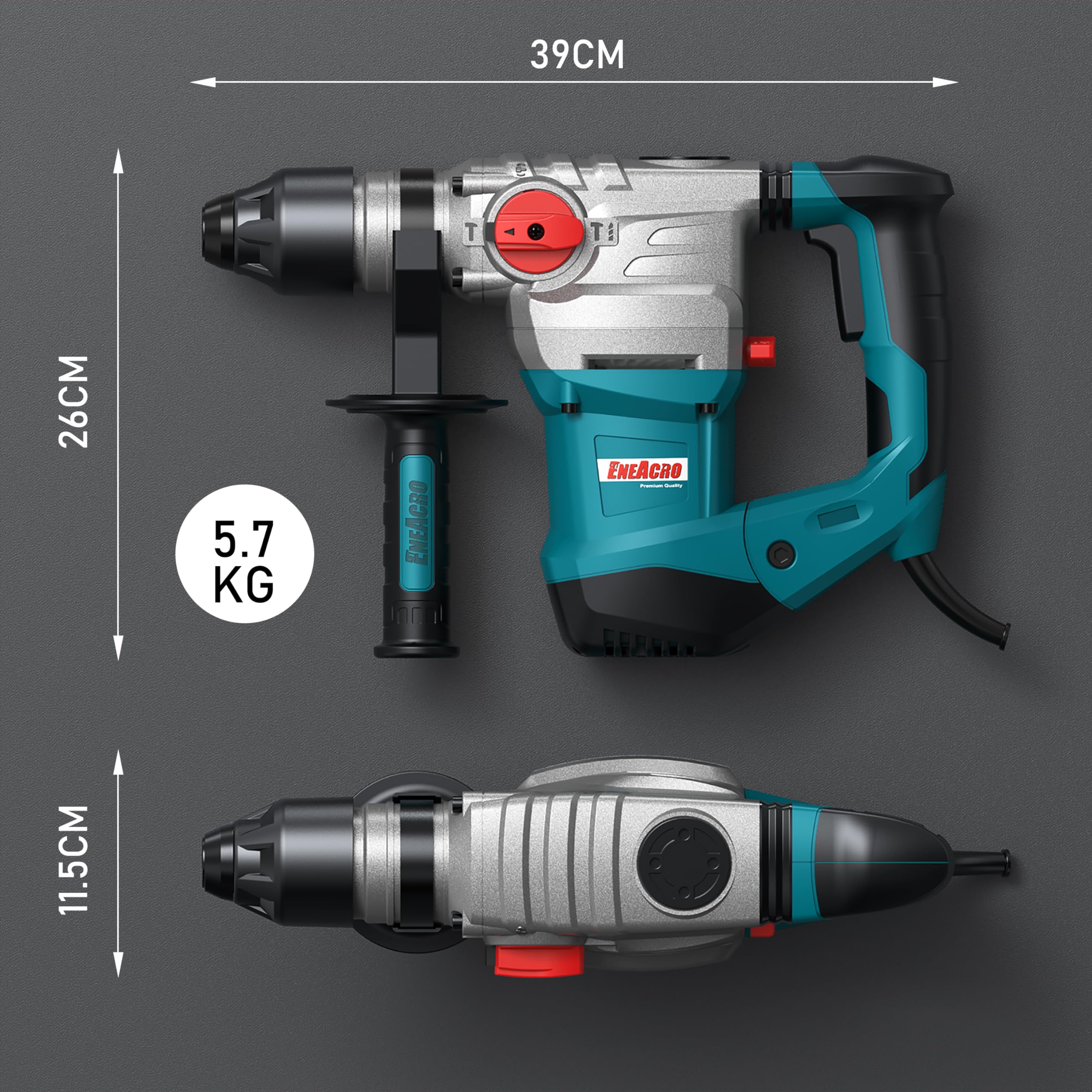 ENEACRO SDS-Plus Marteau Perforateur 1500W, Puissant avec 7 Joules - Conception Sécurisée avec Embrayage et Contrôle Anti-Vibration - 4 Fonctions, Inclus Graisse, Burins, Forêts et Sac à Outils