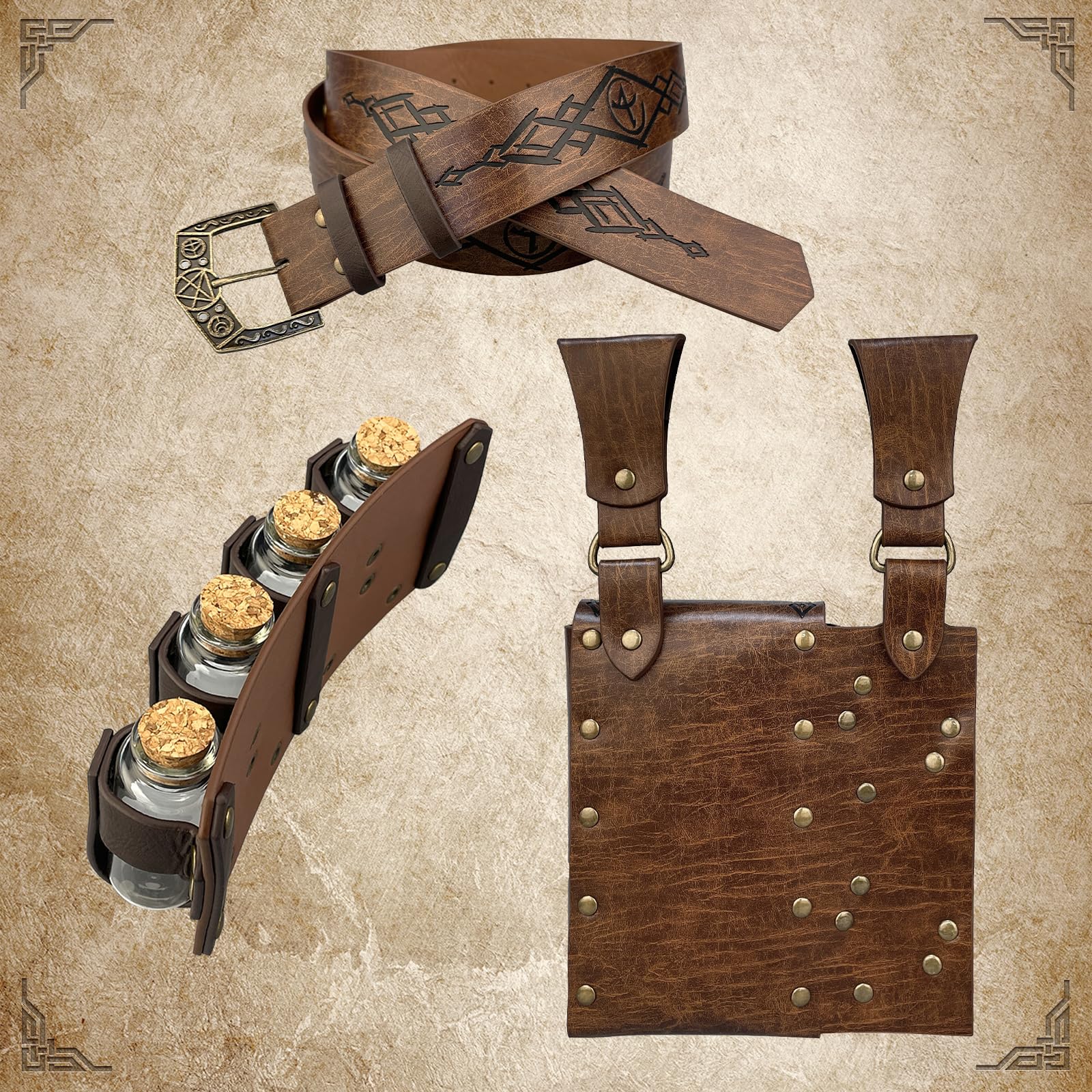 EpicCos Set di 3 Pezzi Cintura Alchemista Medievale con Borsello, Borse Multiple per Pozioni, Cintura Vichinga con Borchiette e Borsa Laterale per Cosplay (Marrone D)