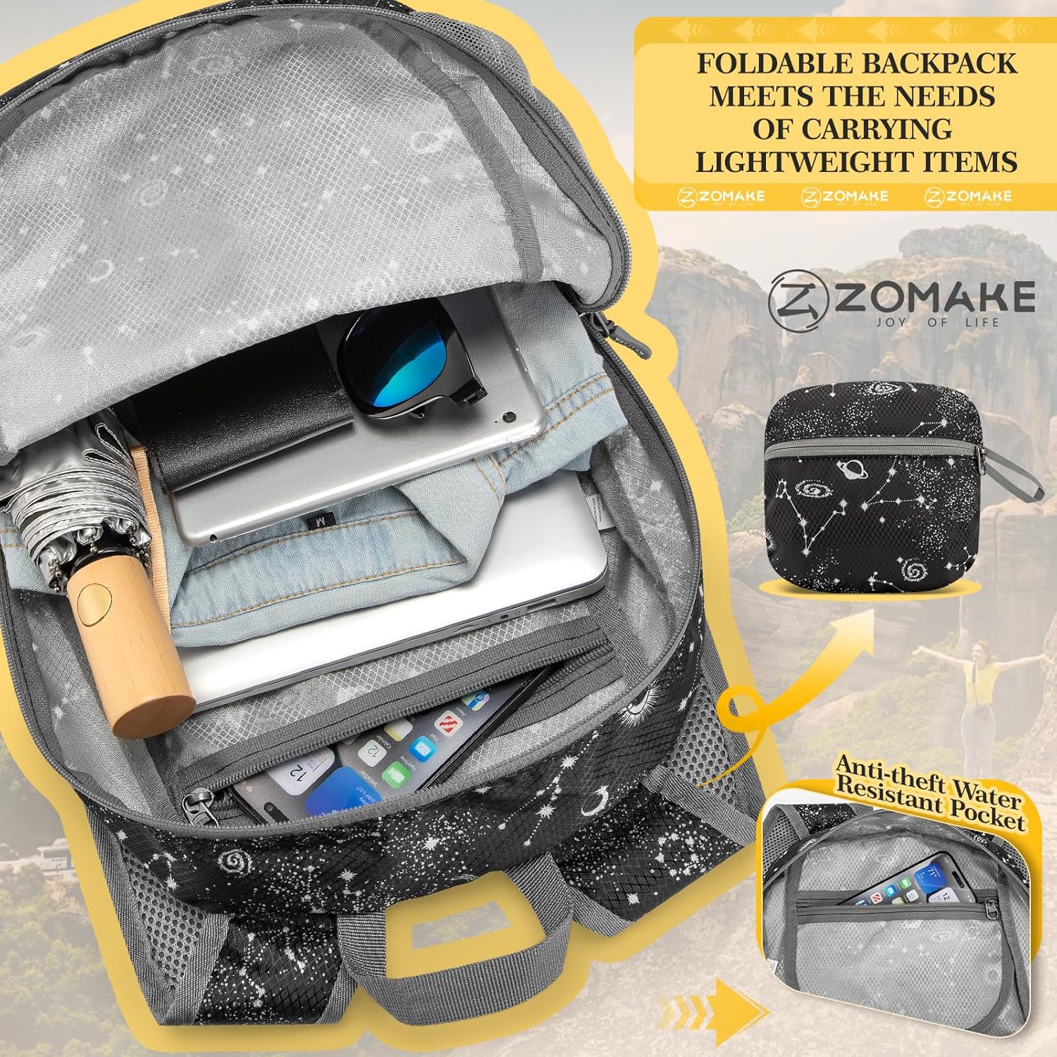ZOMAKE Ultra Lightweight Hiking Backpack 20L, Packable Small Backpacks Water Resistant Daypack for Women Men(Starry sky print)