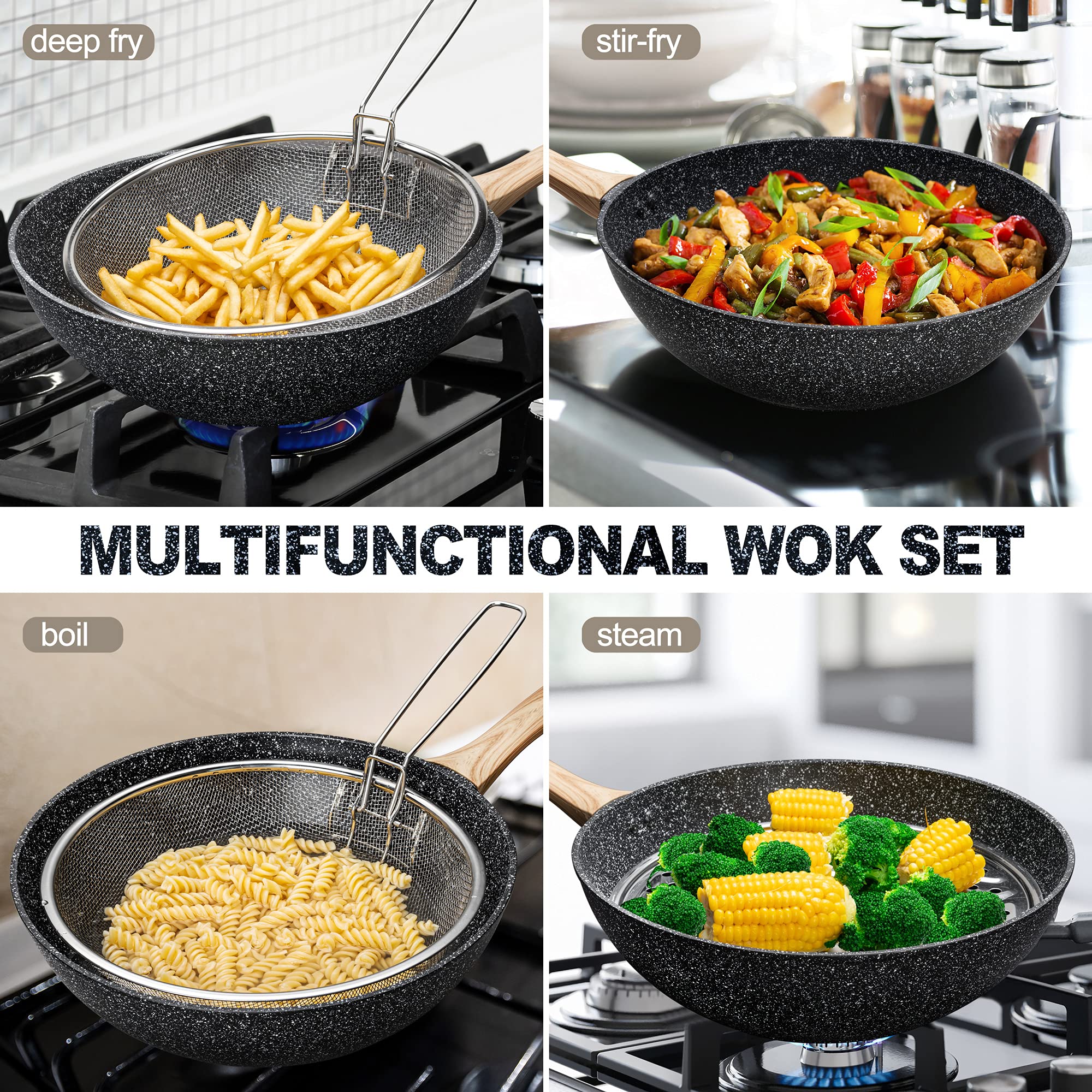MICHELANGELO Wok 28 cm, nieprzywierający wok z pokrywką, woki 28 cm z koszem do smażenia i zestawem do gotowania na parze, głęboka patelnia, woki i patelnie do smażenia