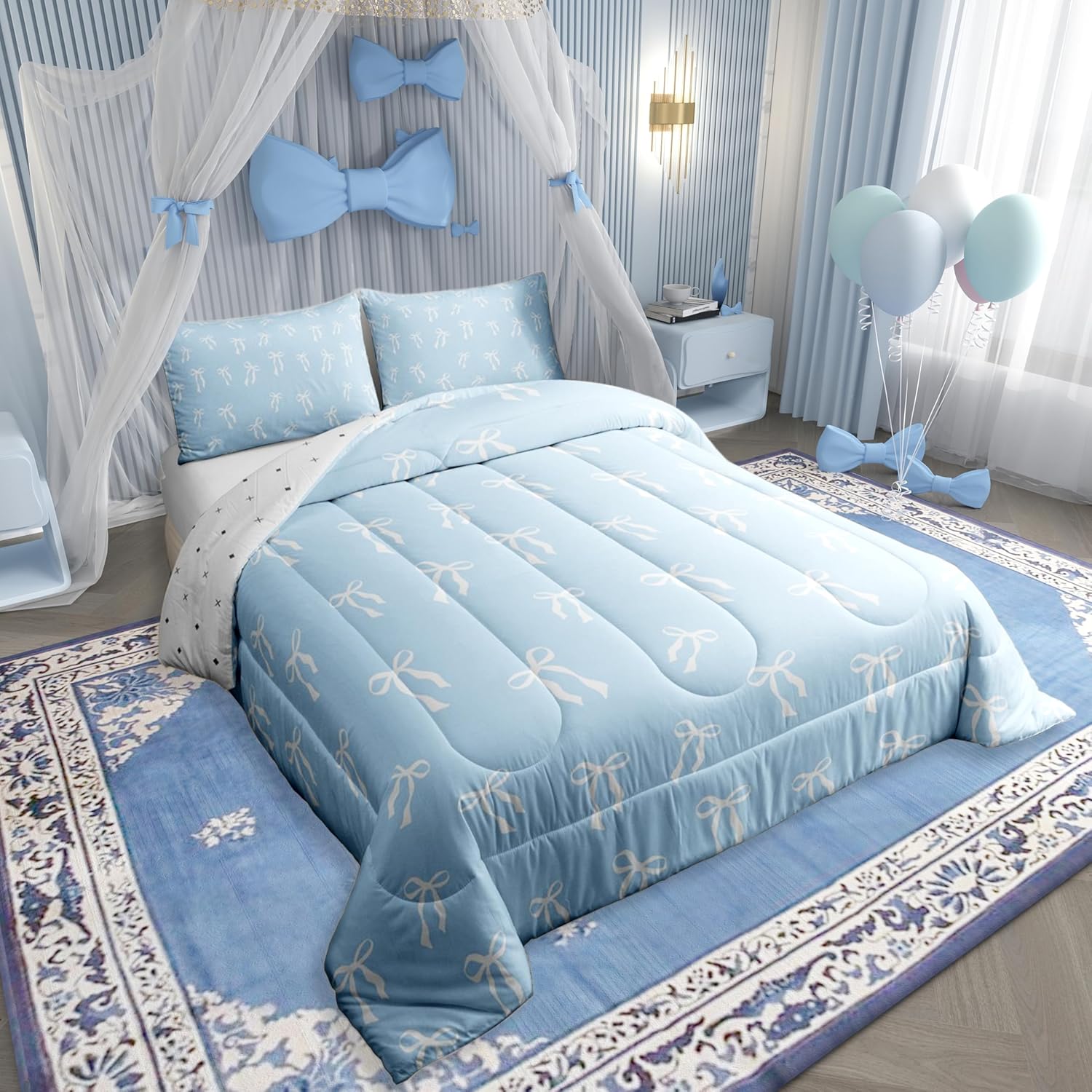 Erosebridal Cute Ribbon Bowknot Bedding Set White Bows Comforter Set Full Blue Princess Bedding Comforter Sets for Kids Boys Girls Modern Simple Bow Knot Quilt Set Bedroom Decor - Image 3