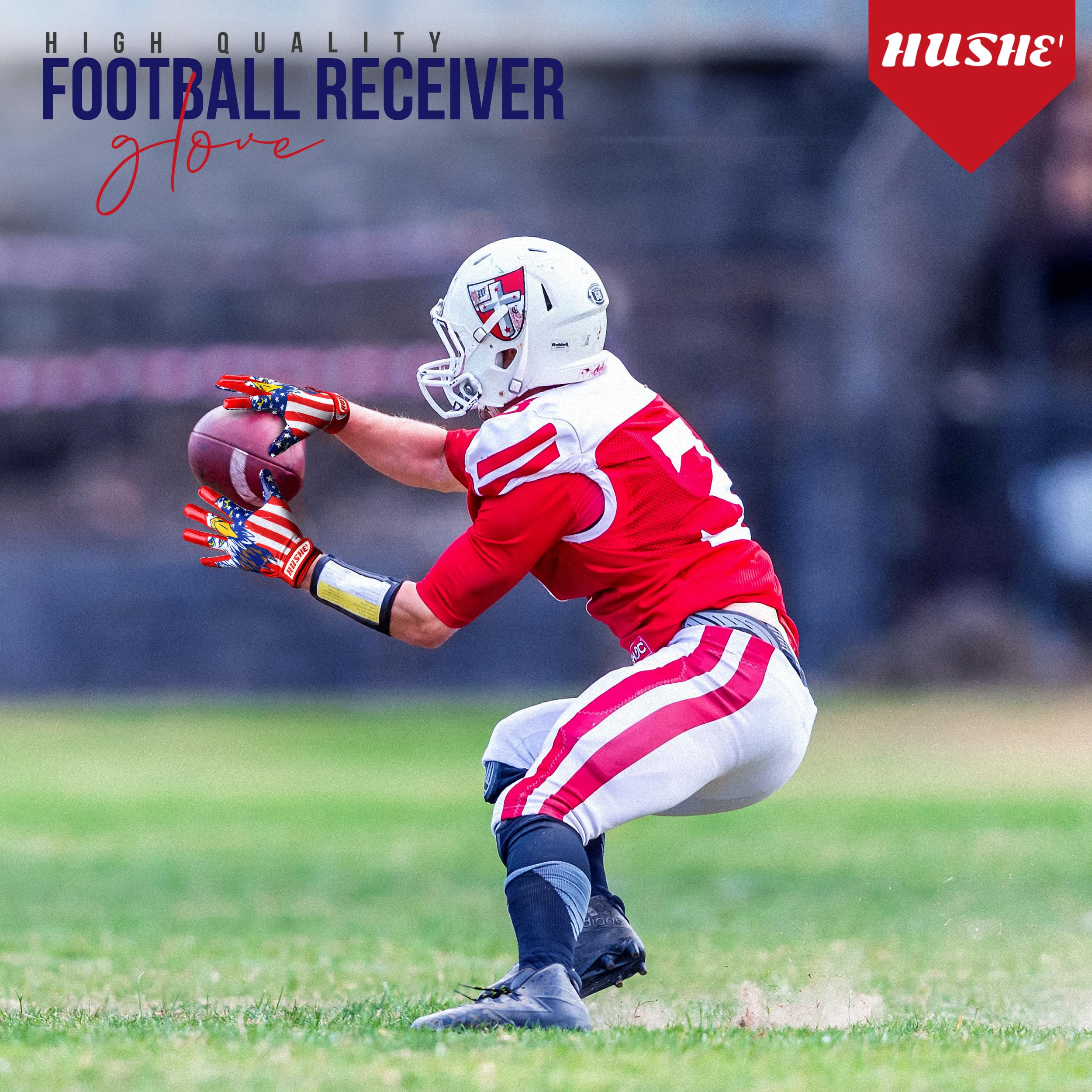 Hushe' Gants de football avec drapeau américain – Gants de receveur de football avec drapeau américain – Gants de réception de football pour adultes, jeunes et adultes.