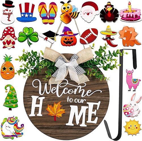 jollylife Letrero de bienvenida intercambiable de temporada para puerta delantera, decoración vintage de madera para el hogar, porche, interiores y