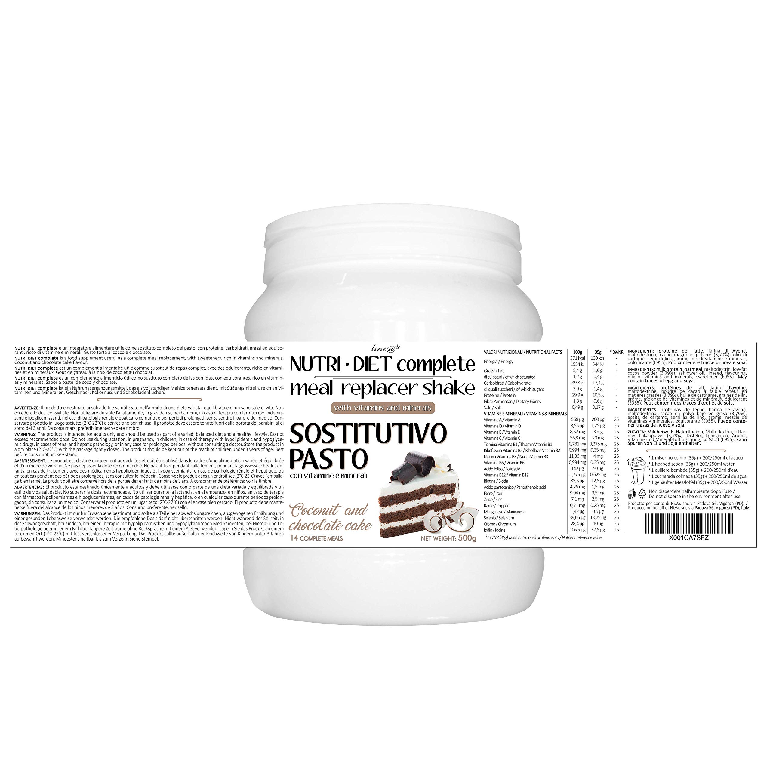 PASTO SOSTITUTIVO NUTRI DIET complete al gusto di TORTA al COCCO e CIOCCOLATO Line@diet | 500g, 14 PASTI completi | ricco di vitamine e minerali