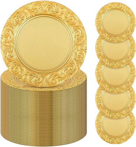 Miniatura 7 de Uiifan Platos de carga antiguos a granel de plástico en relieve de 13 pulgadas, platos florales redondos para bodas, cargadores decorativos para