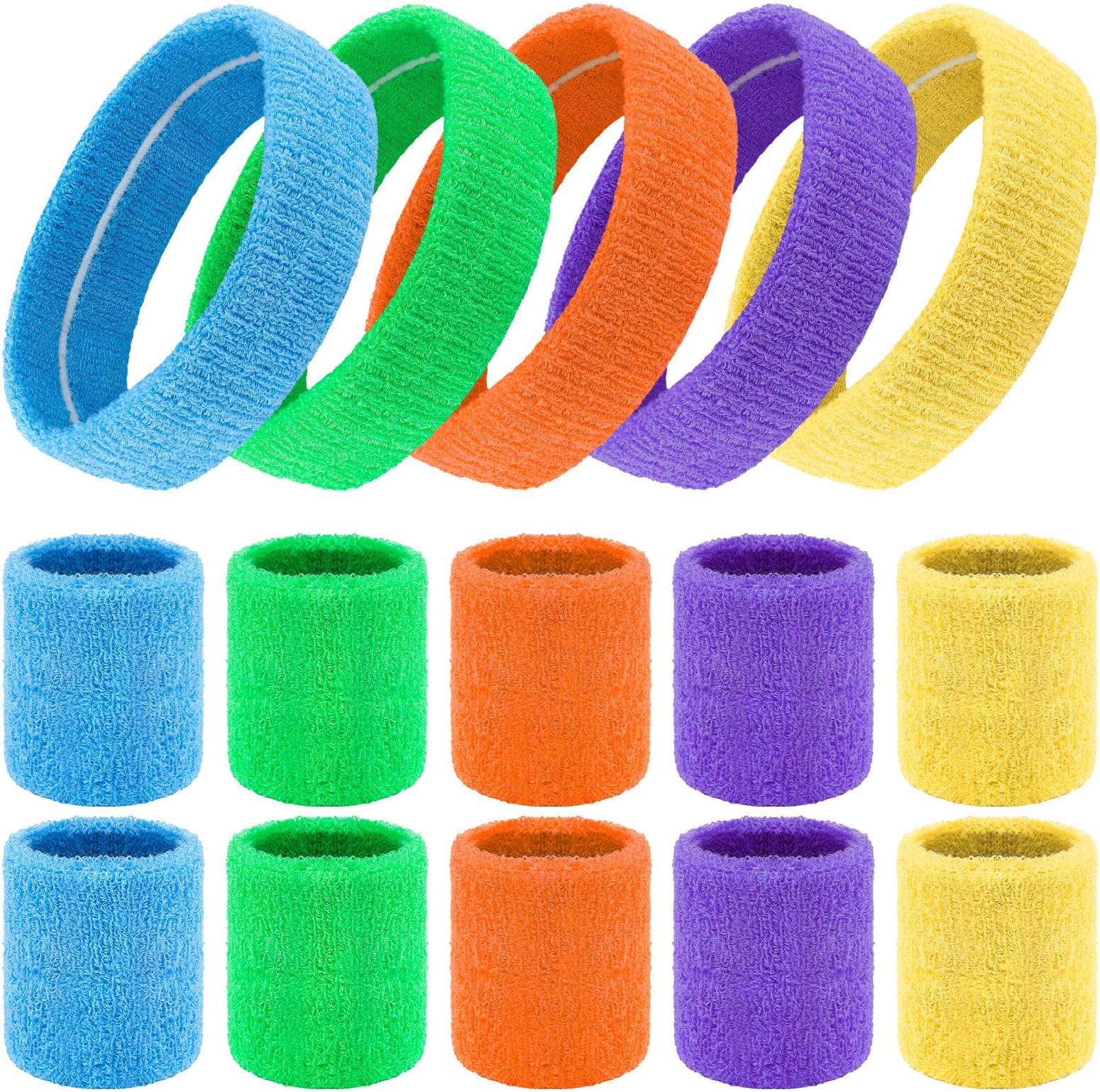 15Pcs Sports Headband and Wristbands Set,80s Neon Sweat Bands Absorbent Sweatbands Cotton Head Band Wrist Bands Set for Gym Football Soccer Tennis Basketball