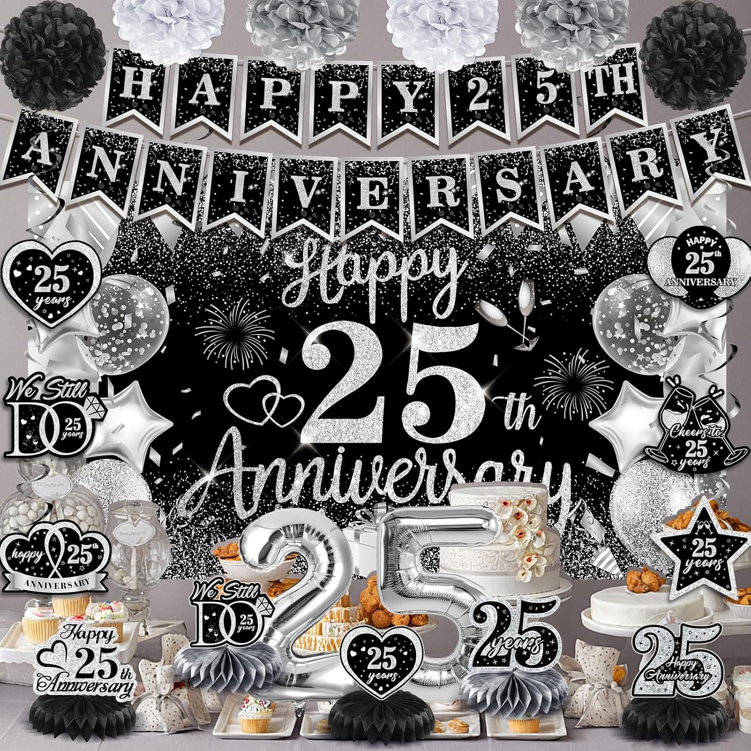 25th Wedding Anniversary Decorations Black Silver Happy 25th Anniversary Banner Backdrop Honeycomb Centerpiece Hanging Swirls Pom Poms for 25 Years Silver Wedding Party Decorations Supplies