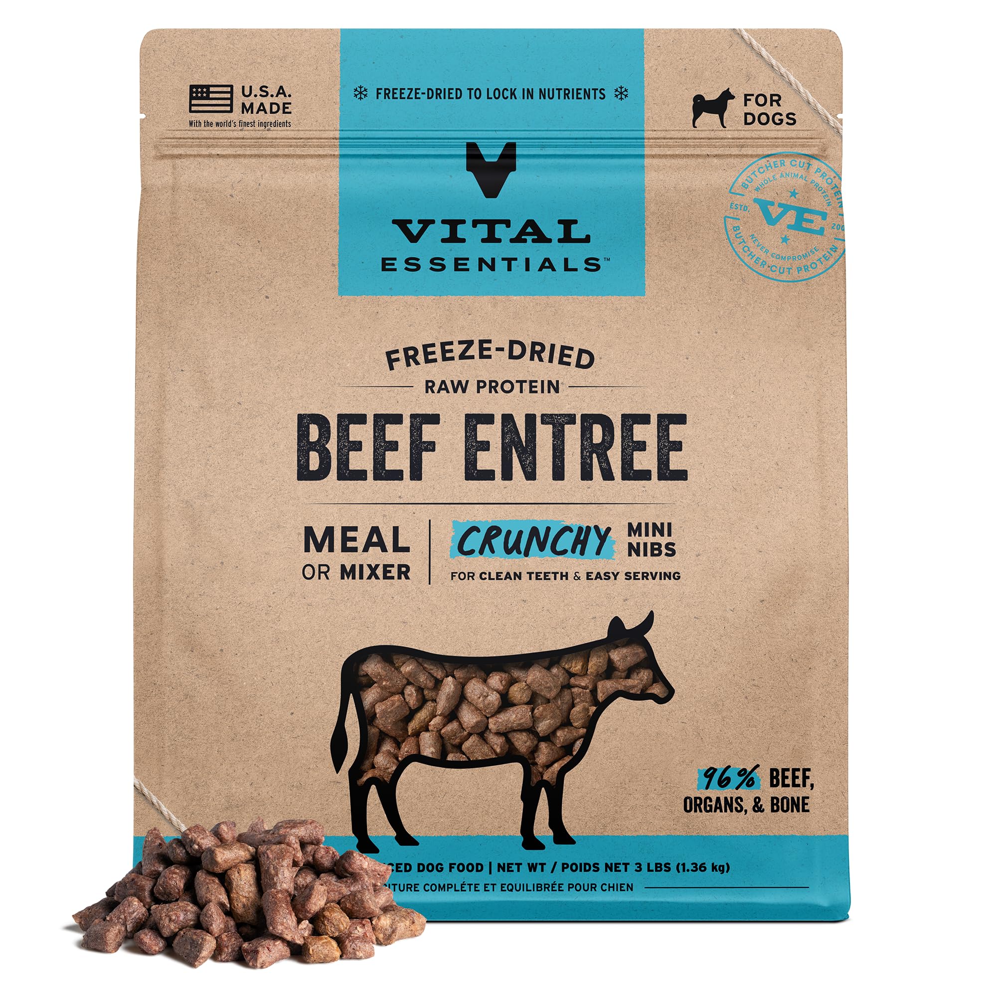 Vital Essentials Freeze Dried Dog Food, Raw Beef Crunchy Mini Nibs | Complete Meal or Topper | 96% Beef, Organs & Bone | Limited Ingredient, High