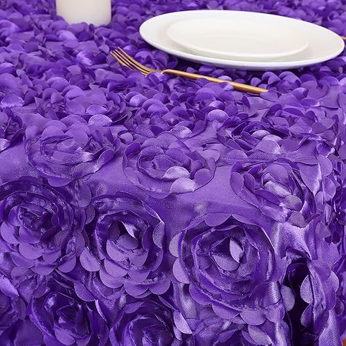 Miniatura 6 de B-COOL Mantel rectangular con diseño de rosetas de 90 x 132 pulgadas, mantel de satén floral 3D morado para decoración de mesa de fiesta de ceremonia