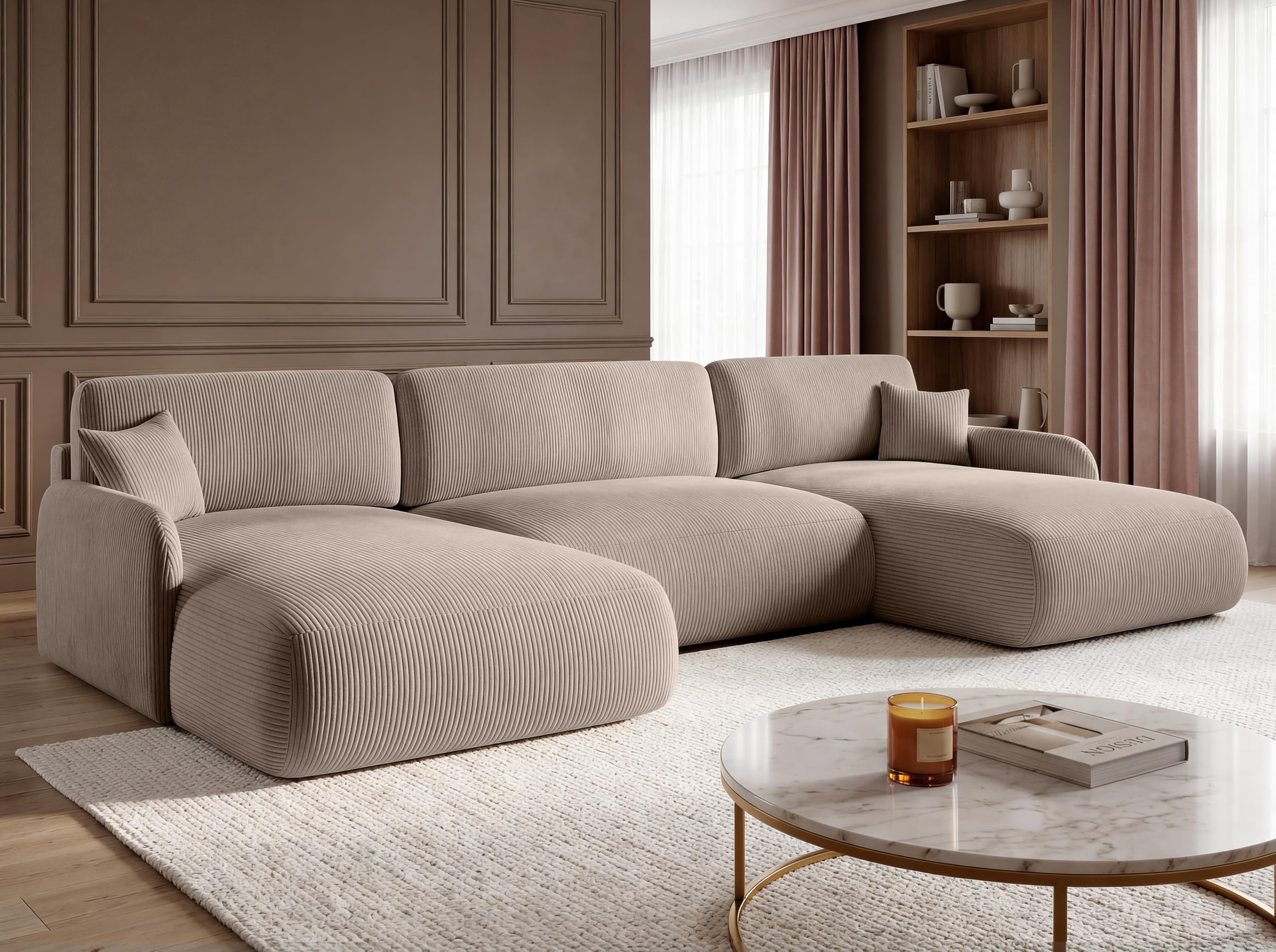 U-Form Wohnlandschaft mit Schlaffunktion 357x175 cm, Cordstoff – Großes Schlafsofa mit Bettkasten, Moderne Couch mit Stauraum NIVO (Poso 02)