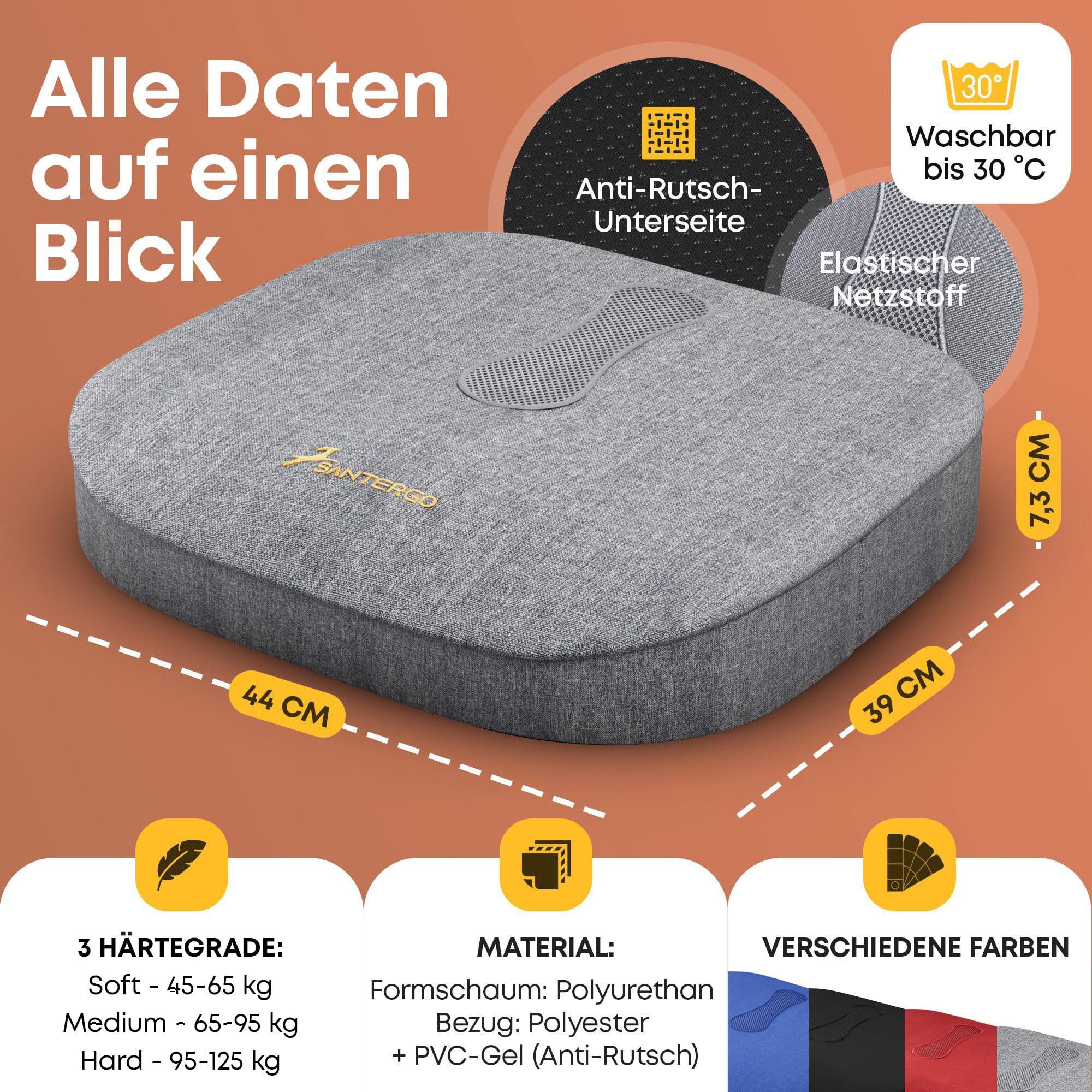 Orthopädisches Sitzkissen [PATENTIERT & FORMSTABIL] - Sitzkissen für Bürostuhl und Stuhl - Sitzkissen Stuhl, Sitzauflage Bürostuhl, Steißbeinkissen, Sitzpolster (Gray-MEDIUM 65-95 kg)
