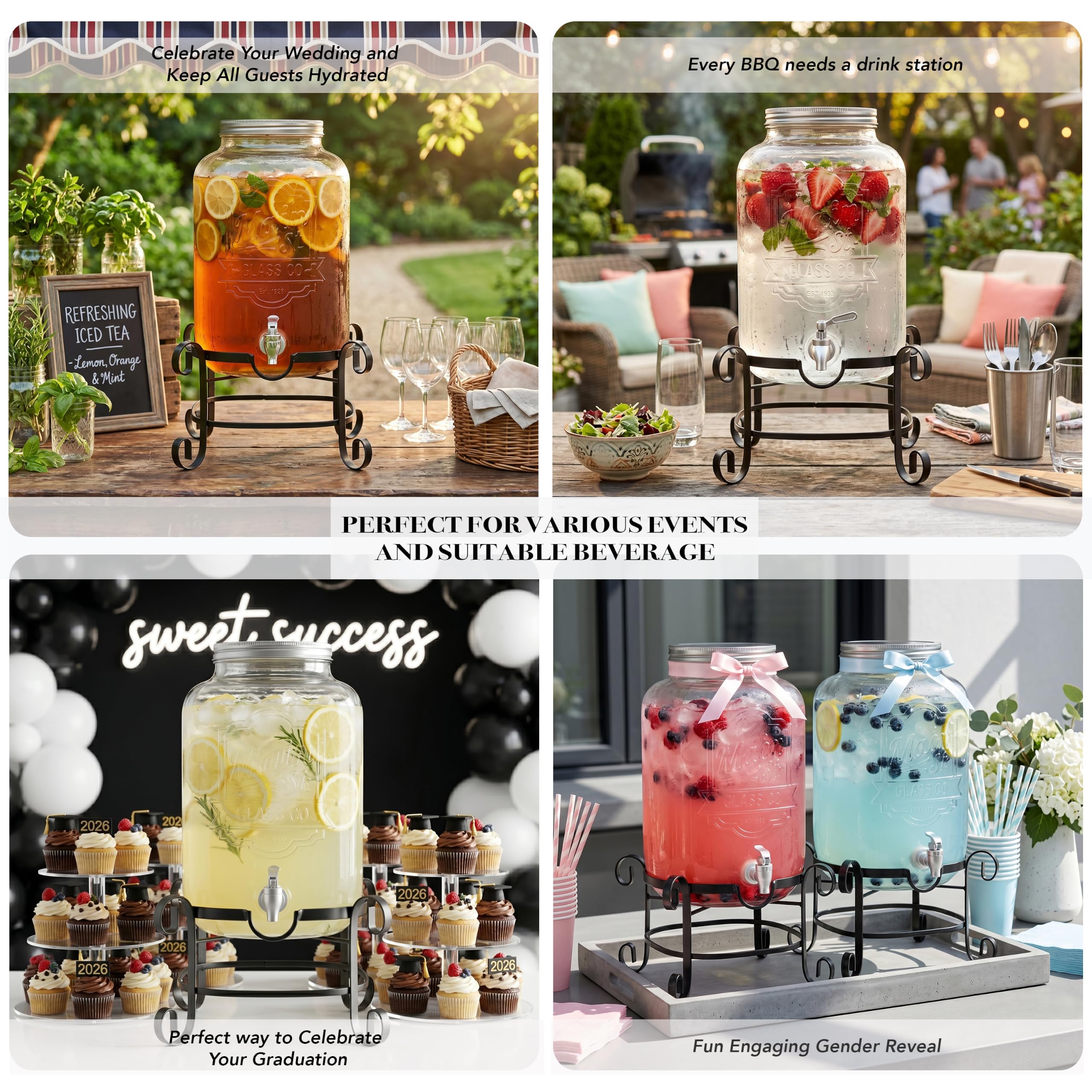 Dispensador de bebidas frías, jarra de cristal, soporte de metal y espiga de acrílico a prueba de fugas, ideal para fiestas, bodas y más