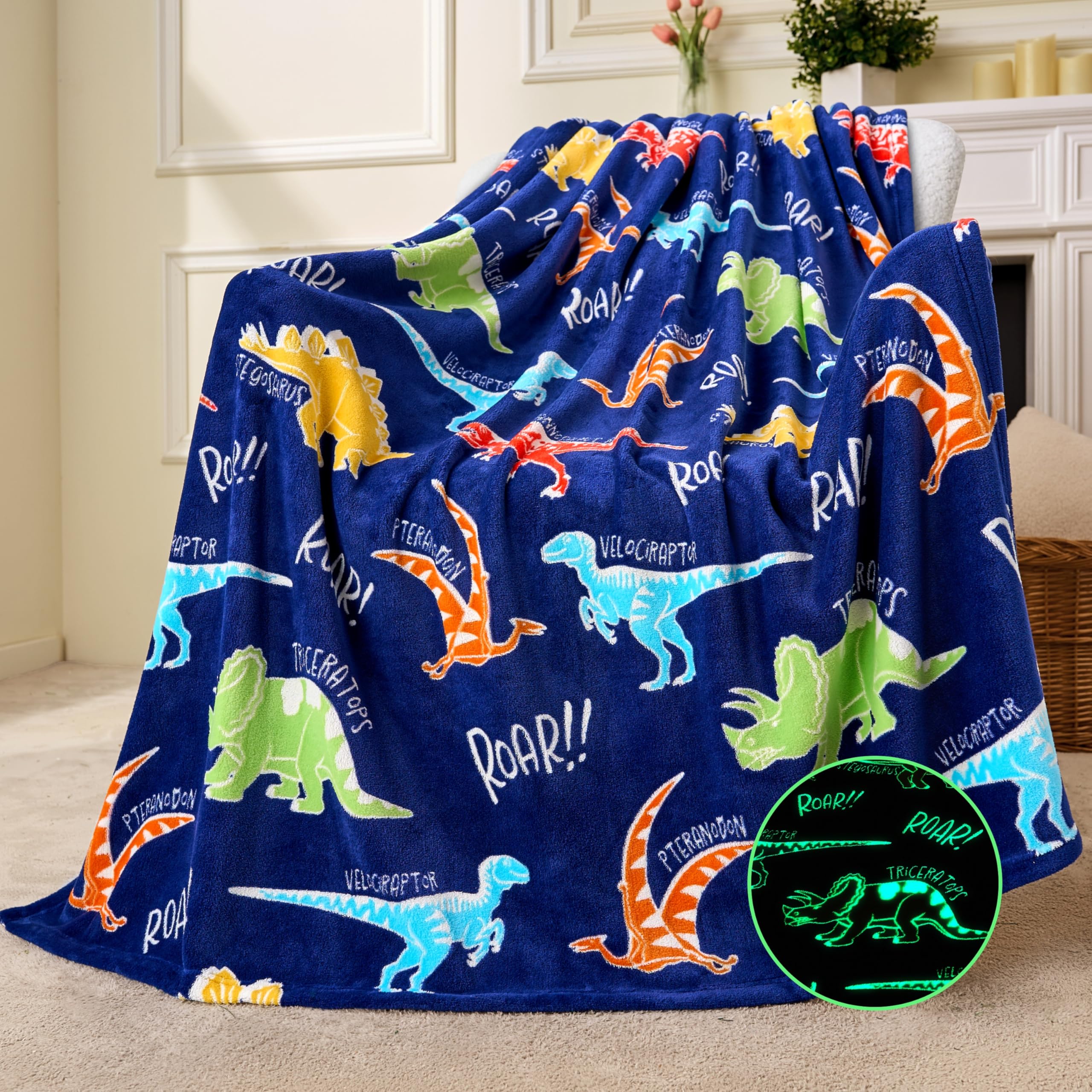 Joiedomi Glow in The Dark Blanket - Dinosaur Gift for Girls Boys Age 2 3 4 5 6 7 8 9 10 11...
