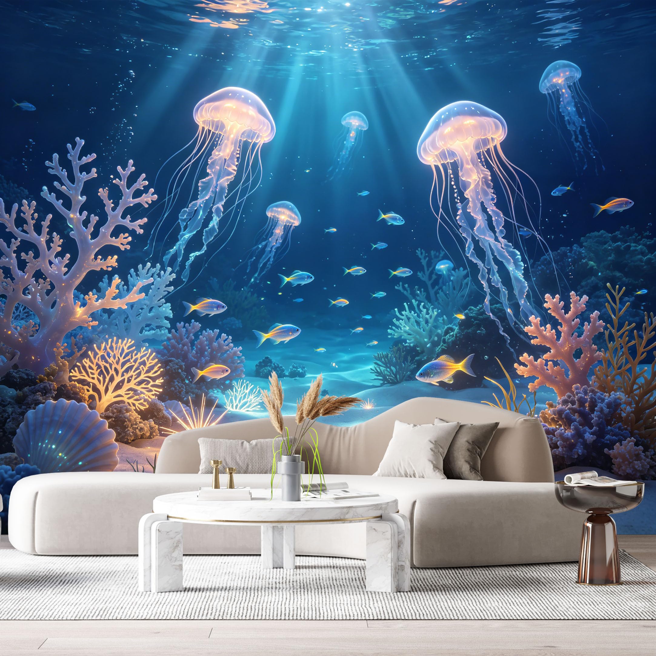 Custom Size Wall Murals Deep Sea Jellyfish Ocean Marine 3D Bioluminescent Coral Reef Shells SelfAdhesive Wall Fabric Removable Large Wallpaper for Photo Living Room