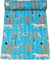 Vista 7 de Marubhumi Edredón tradicional indio de algodón puro con estampado de selva Kantha, colcha Kantha con estampado de animales, multicolor