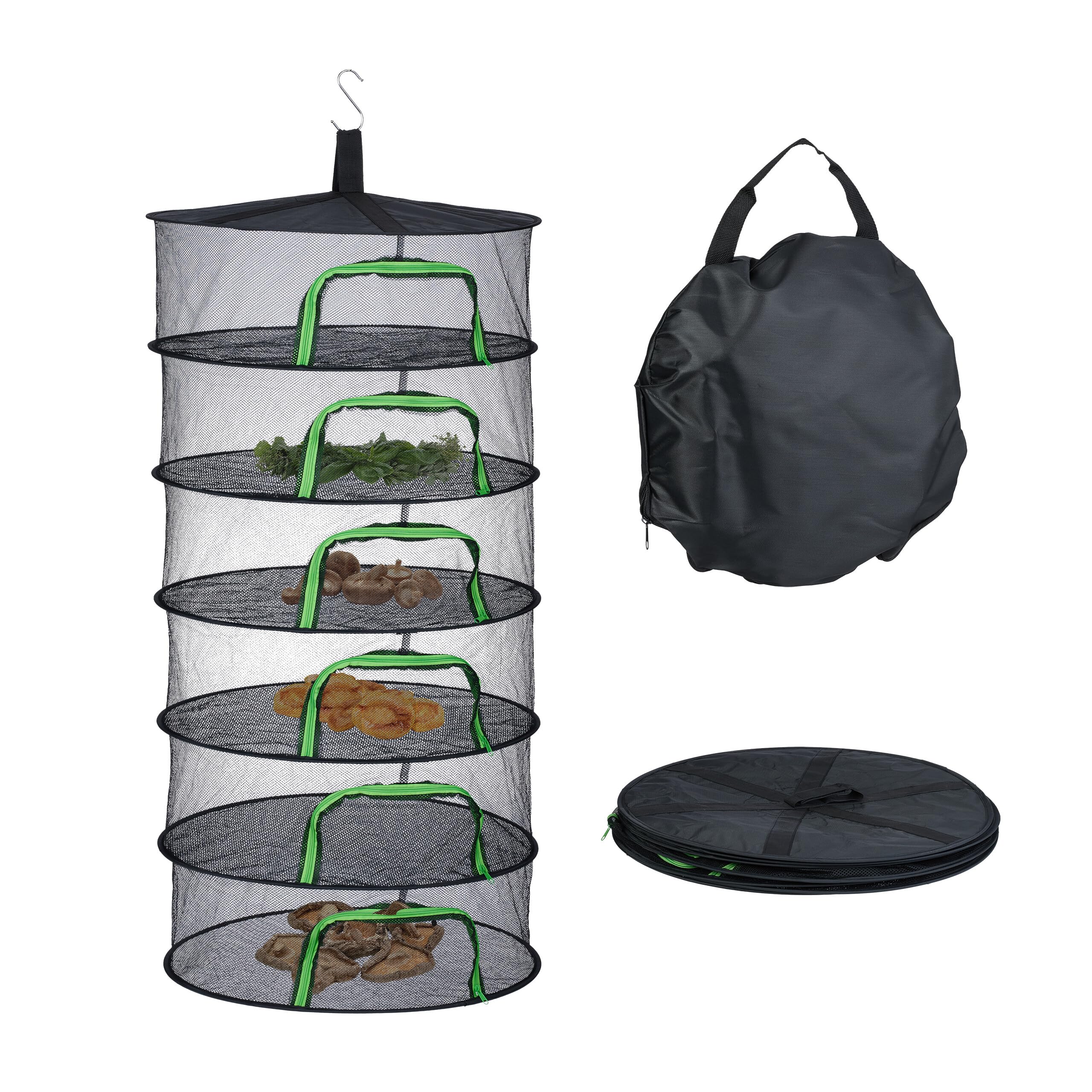 Relaxdays Hanging Drying Net, 6 Tiers, Food Dryer for Herbs, Fruit & Vegetables, Foldable Mesh Dehydrator, Black