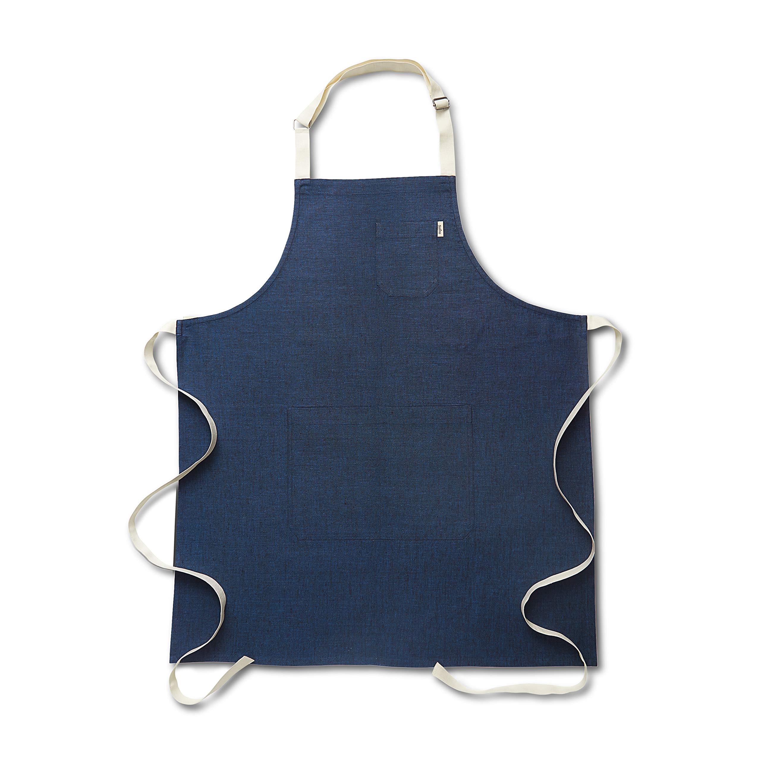 Solino Home Linen Kitchen Apron for Men & Women - 100% Pure Linen Indigo/Ivory Bib Apron with Front Pockets - Handcrafted from European Flax - 32" L x 27" W