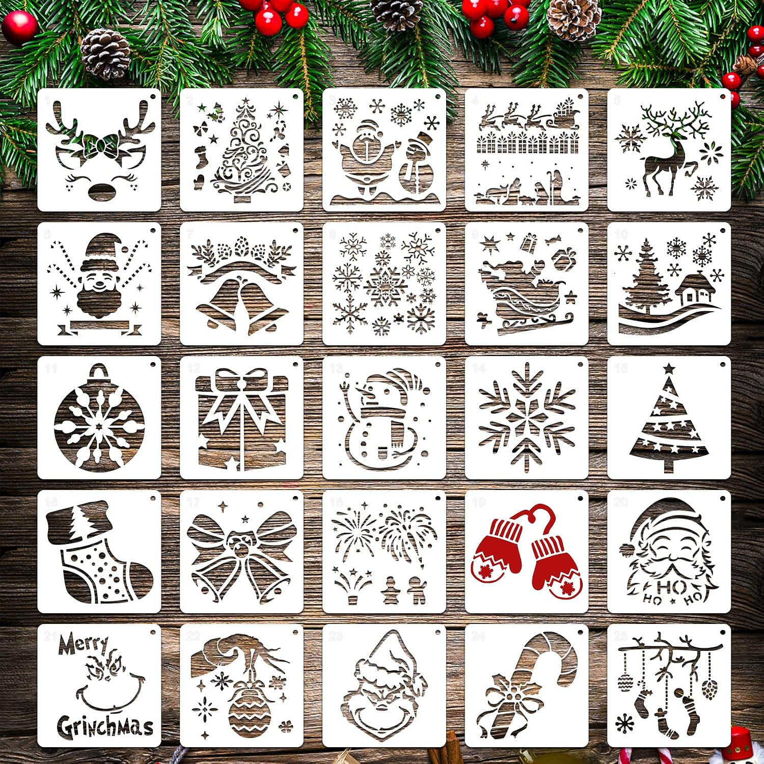 25 Pcs Christmas Stencils Reusable, 6x6 inch Christmas Stencils for Painting on Wood, Plastic Drawing Spraying Templates for Greeting Cards, Xmas Crafts Ornaments Wall Window Door DIY Decoration