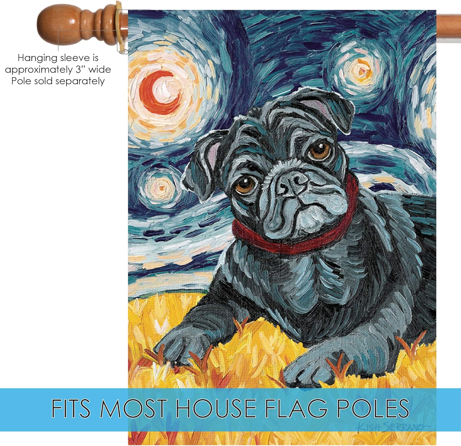 Toland Home Garden 102661 Van Growl-Black Pug Dog Flag 28x40 Inch Double Sided Dog Garden Flag for Outdoor House Black Pug Flag Yard Decoration