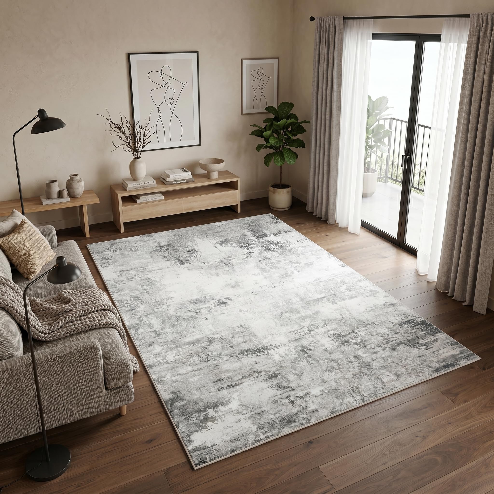 Tapis antidérapant salon gris foncé crème pour sécuriser et décorer les grands espaces