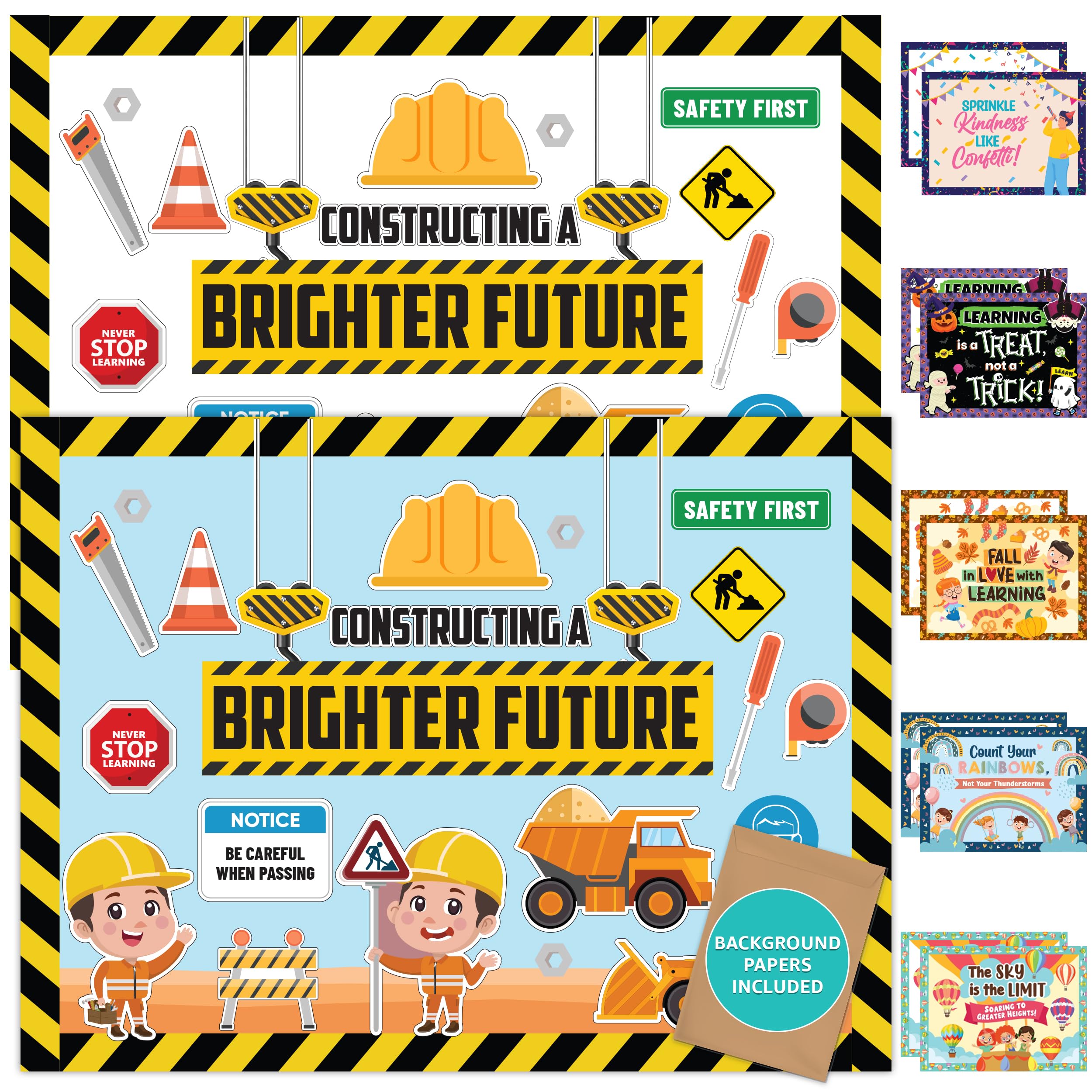 Decorably 81 Pcs Cutouts Construction Bulletin Board Decorations Set with Borders, Construction Decorations for Classroom - School, Homeschool