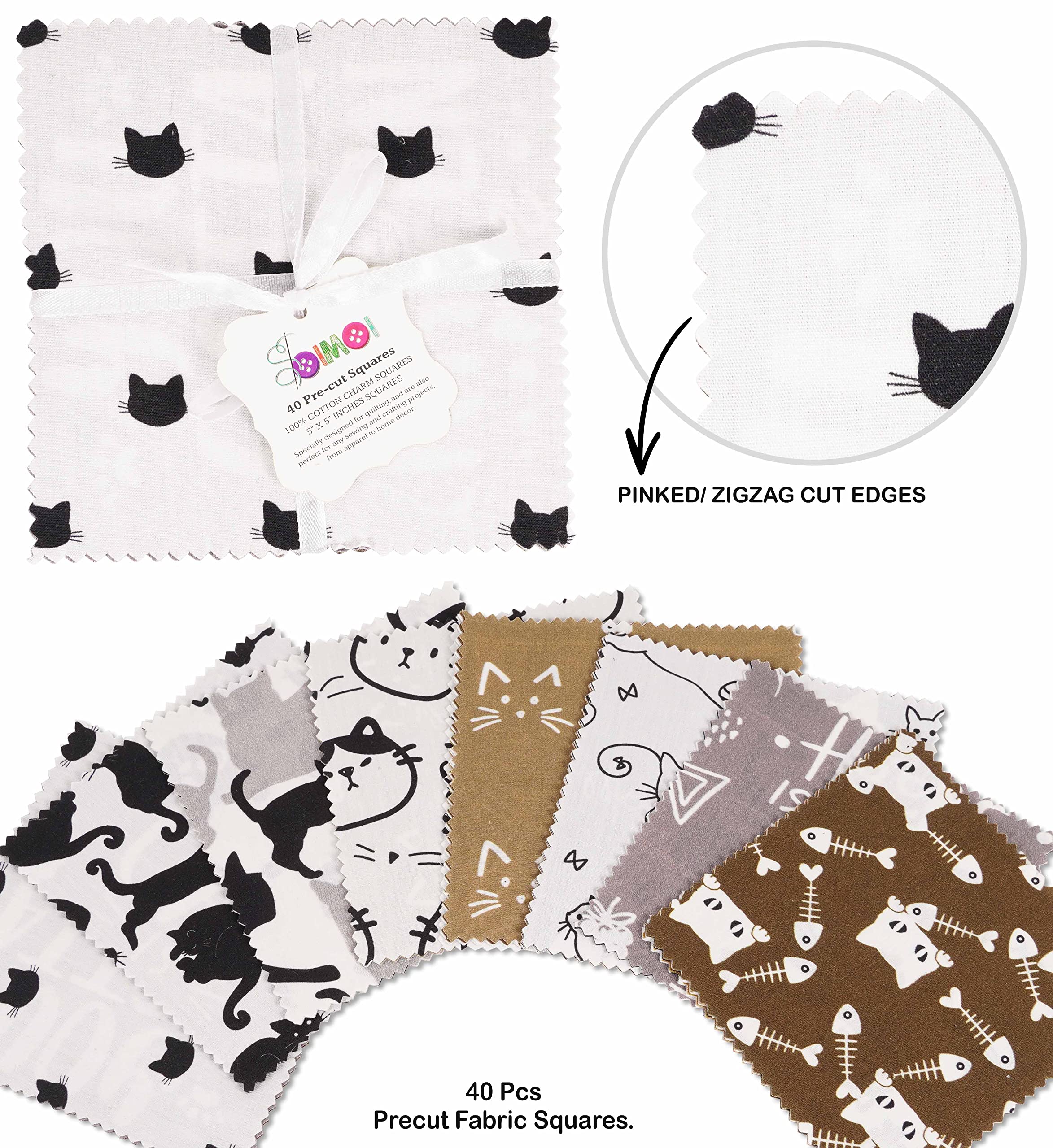 Soimoi Japanischer Sashiko-Druck Stoffquadrate – 5x5 Zoll, 40 Stück, 100% Baumwolle, Vorgeschnitten
