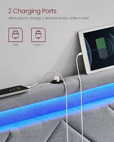 Miniatura 4 de VASAGLE Base de cama LED tamaño matrimonial con cabecero y 4 cajones, 1 puerto USB y 1 puerto tipo C, cabecera tapizada ajustable, no necesita