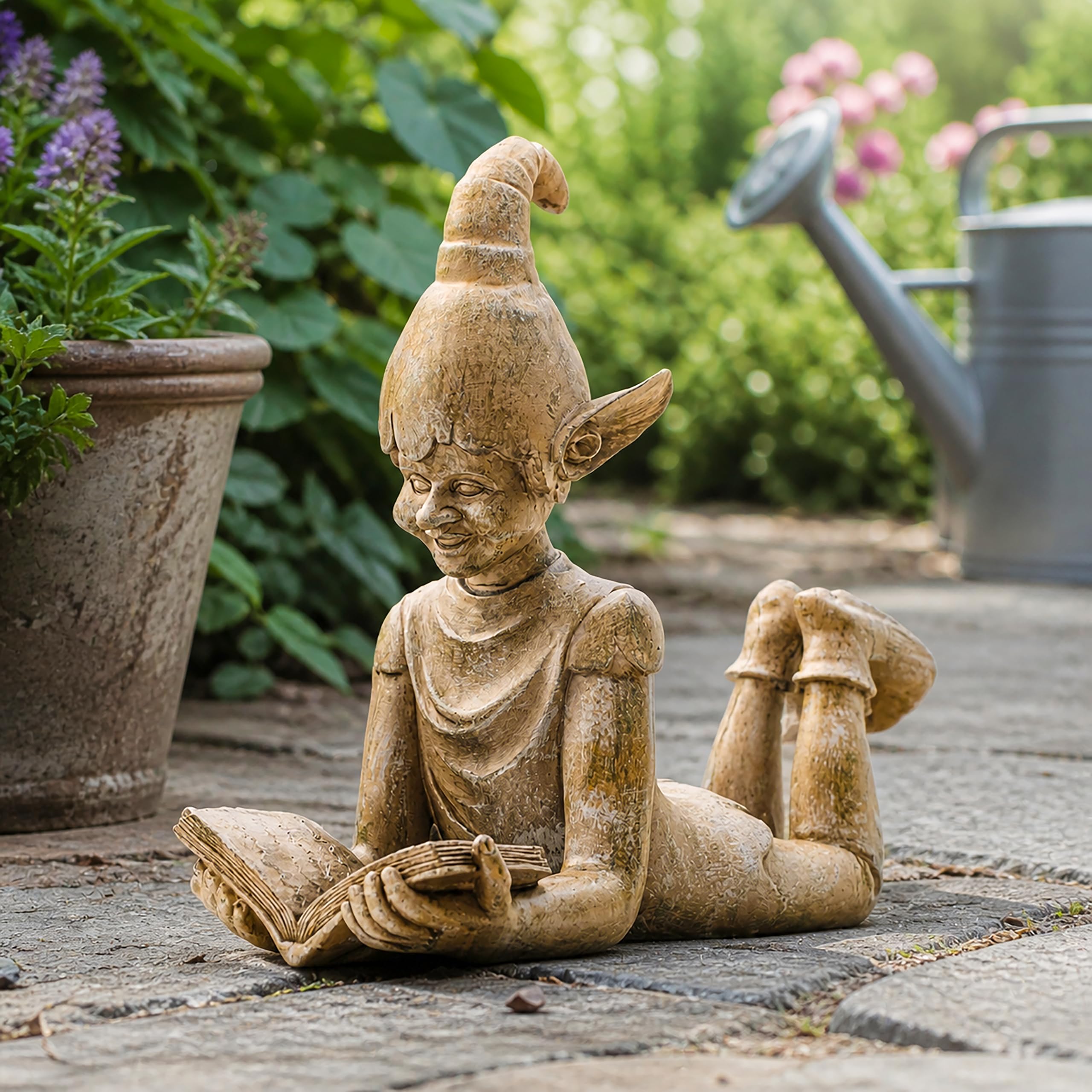 Garden Mile Large Reading Elf Garden Ornament 37cm - Bronze Effect Resin Elf Statue - Weatherproof Outdoor Garden Decoration - Fairy Garden Decor for Patio Lawn Flowerbeds Indoor Shelf Ornament