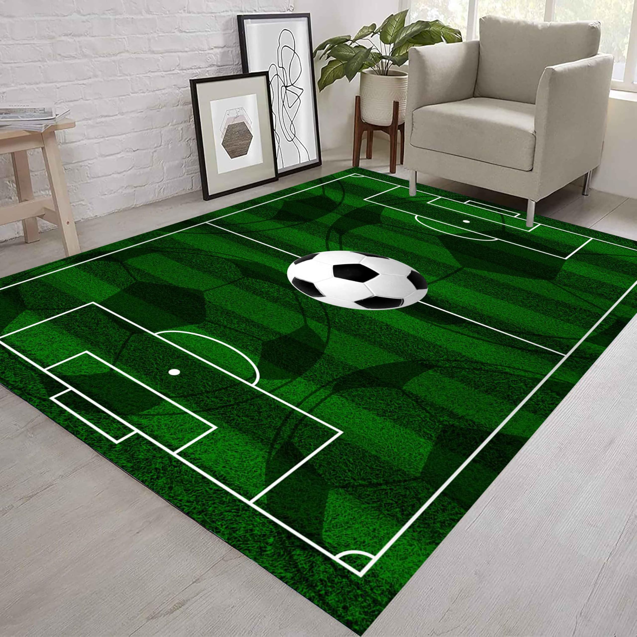 Kuluoits Green Football Field Area Rug, 180x230cm, Soccer Rug for Boys Bedroom, Sports Rugs Kids Room Washable Non-Slip Rugs for Playroom Classroom Kindergarten Nursery Living Room