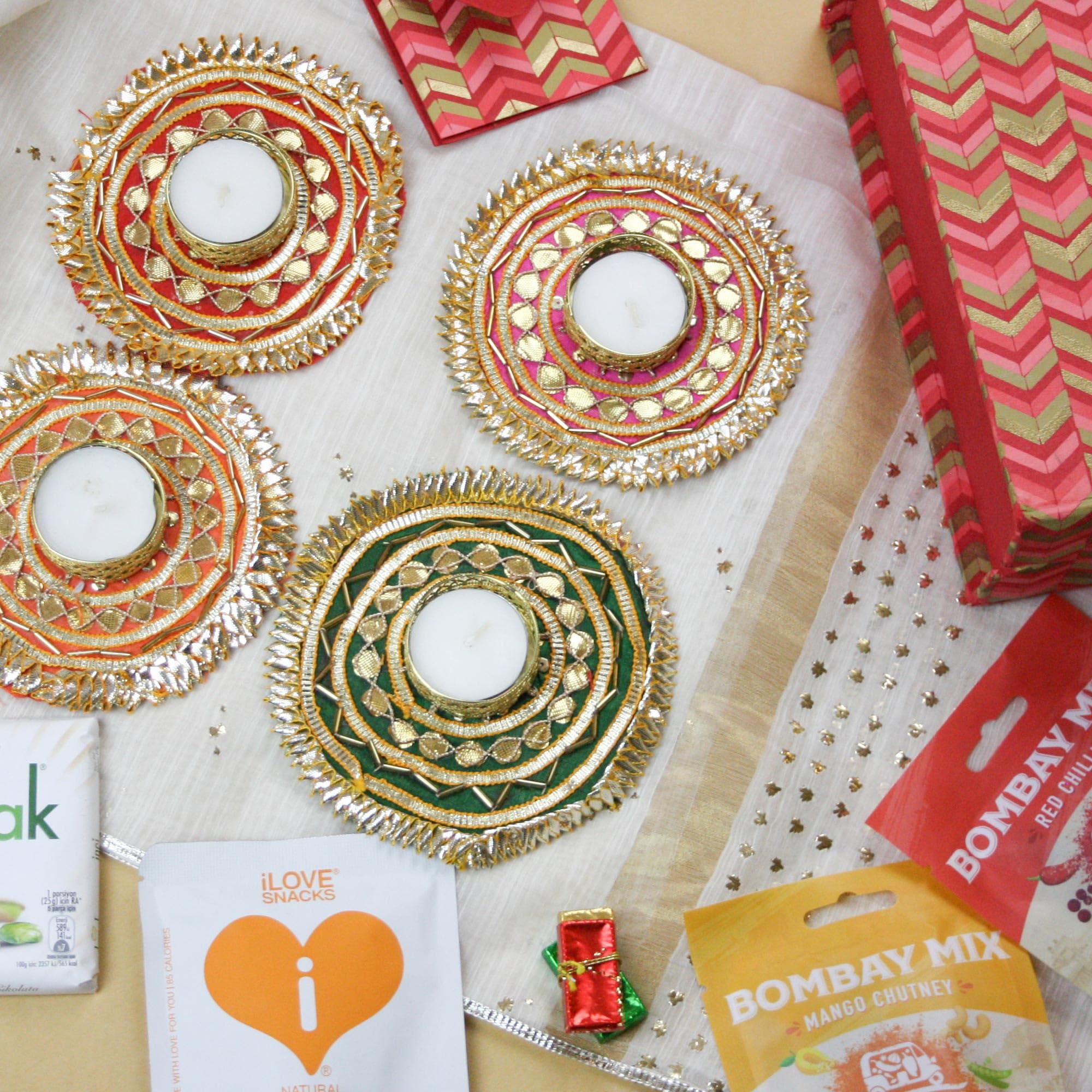 Emartbuy Luxury Diwali Hamper with 4 Gota Rangoli Candle Holders Diyas & Snacks - Perfect for Diwali, Pooja, Navratri, Ganpati & Housewarming Gifts