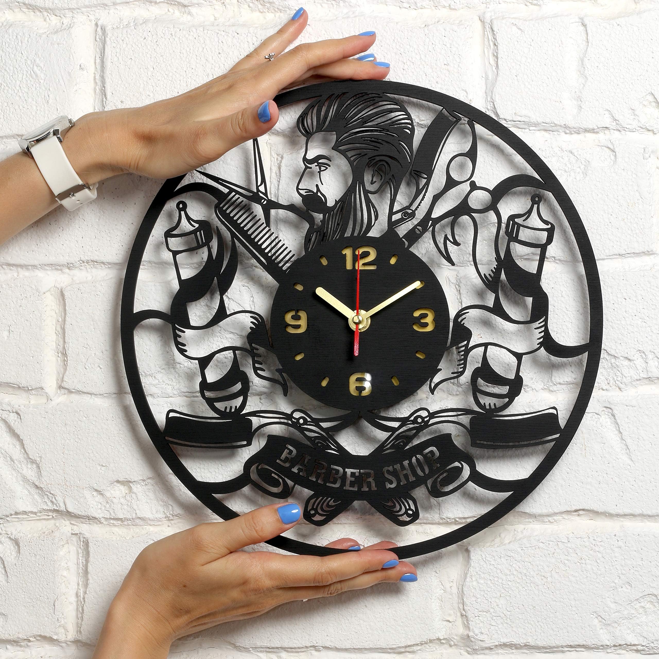 Barbershop Clock Wooden Wall Clock 12 Inch Hairdresser Barber Clock Salon Hair Stylist Hair Salon Gifts for Women Men Barbers Retro Vintage Old Barber Shop Wall Decor Art Decorations Clock Gift Black