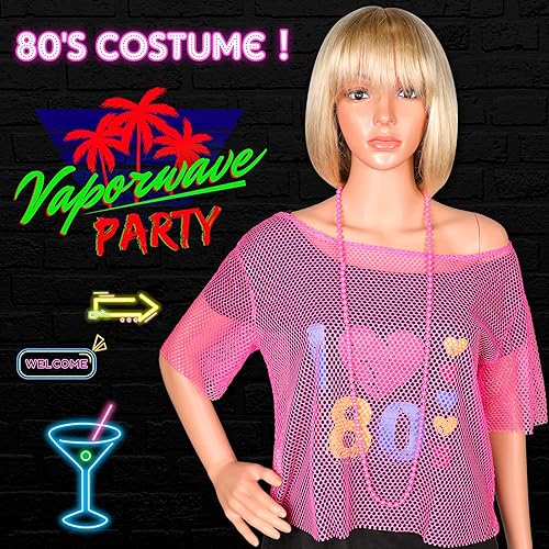 Miniatura 6 de Jadive Camiseta de red de neón de los años 80 para mujer, parte superior de malla, ropa de neón con hombros descubiertos, disfraz retro de discoteca