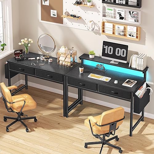 Miniatura 9 de Escritorio de computadora de oficina de 31.5 pulgadas con luces LED y 2 cajones de tela, escritorio para juegos con bolsillo lateral y soporte