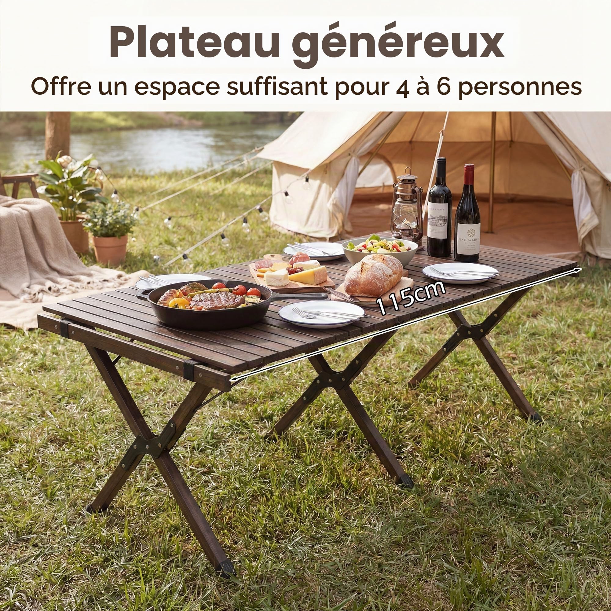 HOMASIS Table Pliante 4-6 Personnes en Bois de Pin, Table Pique Nique Enroulable Portable avec Sac de Transport&Cadre en X, pour Camping, Barbecue, Fête, Jardin, Charge 70kg, 122x60x45cm (Café)