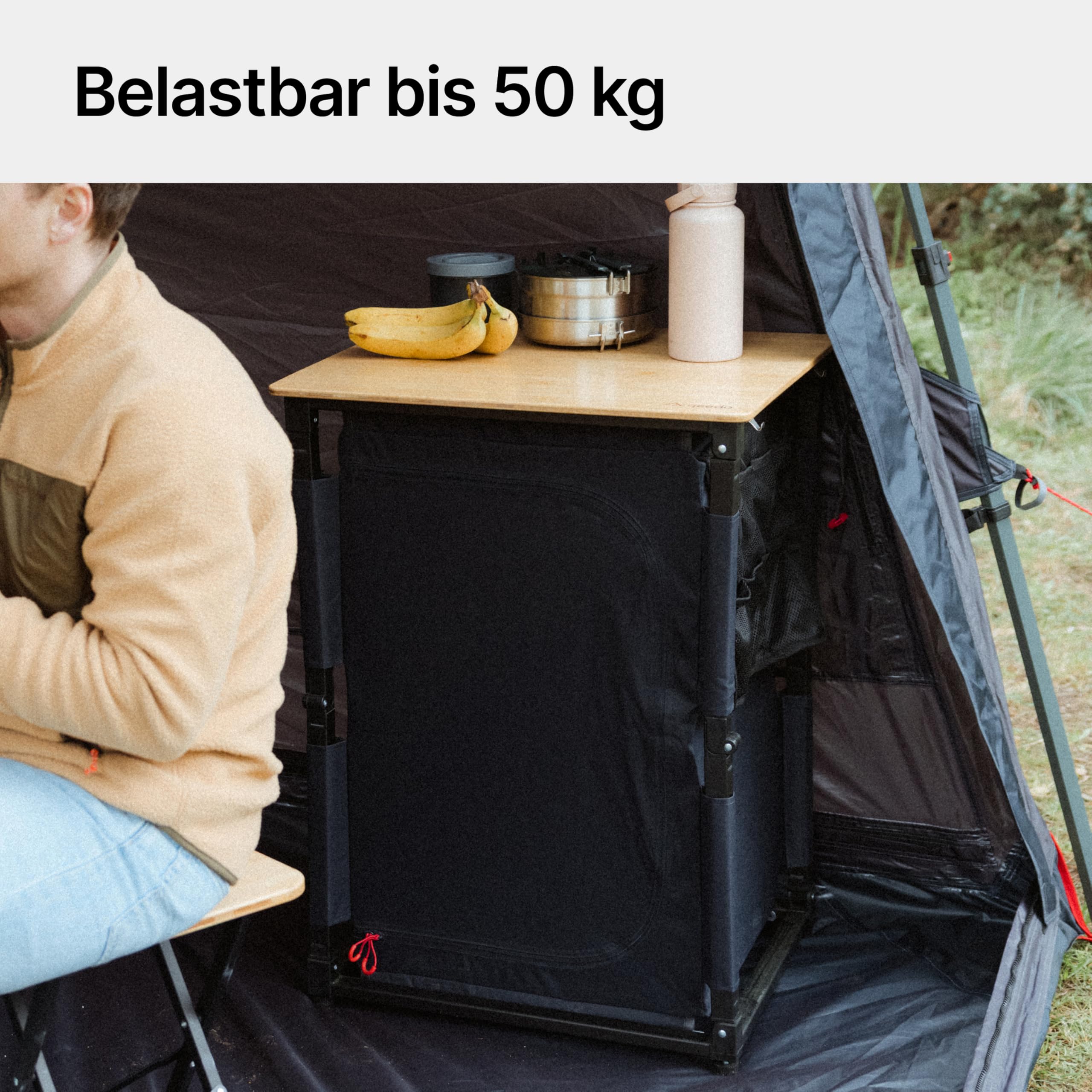 qeedo Quick Sammy Campingküchensystem, Campingschrank mit Bambusplatte, Schnellaufbau, Stauraum und Erweiterung