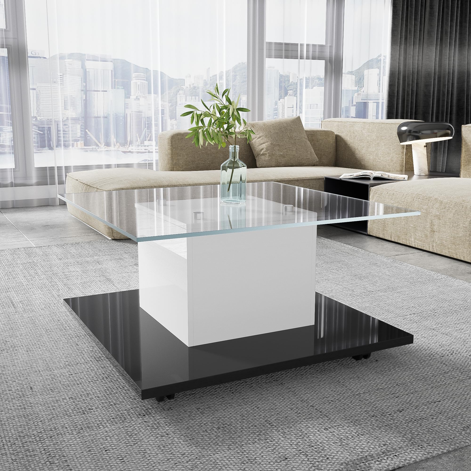 Couchtisch Hochglanz Glas Wohnzimmertisch Modern mit Rollen Beweglicher Kaffeetisch Beistelltisch für Wohnzimmer Lounge Design Teetisch Sofatisch Pflegeleicht Rechteckig Großer Tisch Grau
