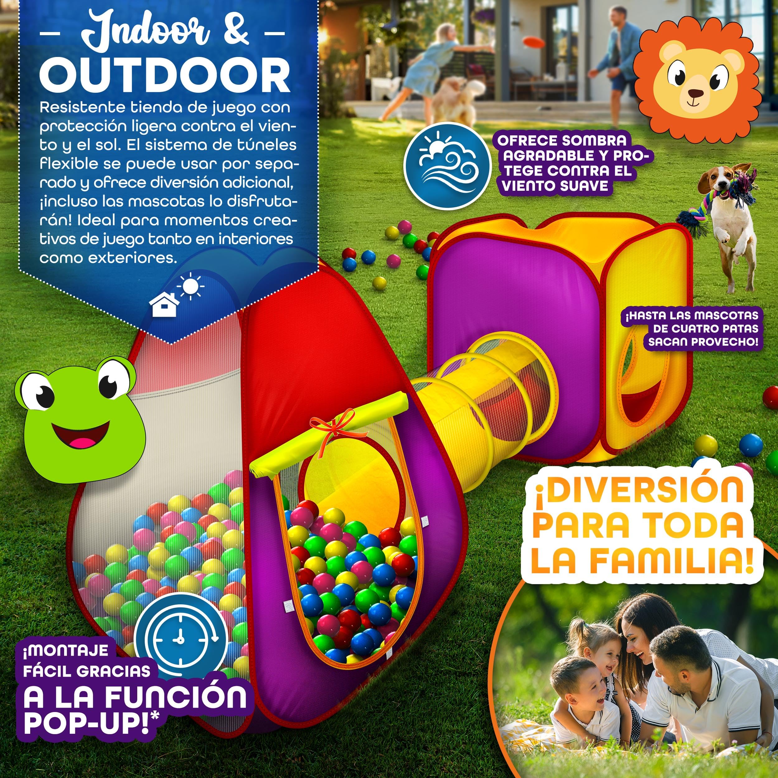 KIDUKU® 3 en 1 Carpa de Juegos para niños/Tienda de campaña Pop up Infantil para Jugar + Túnel de Tela + 200 Bolas + Bolsa para Transportar – Uso Interior y Exterior