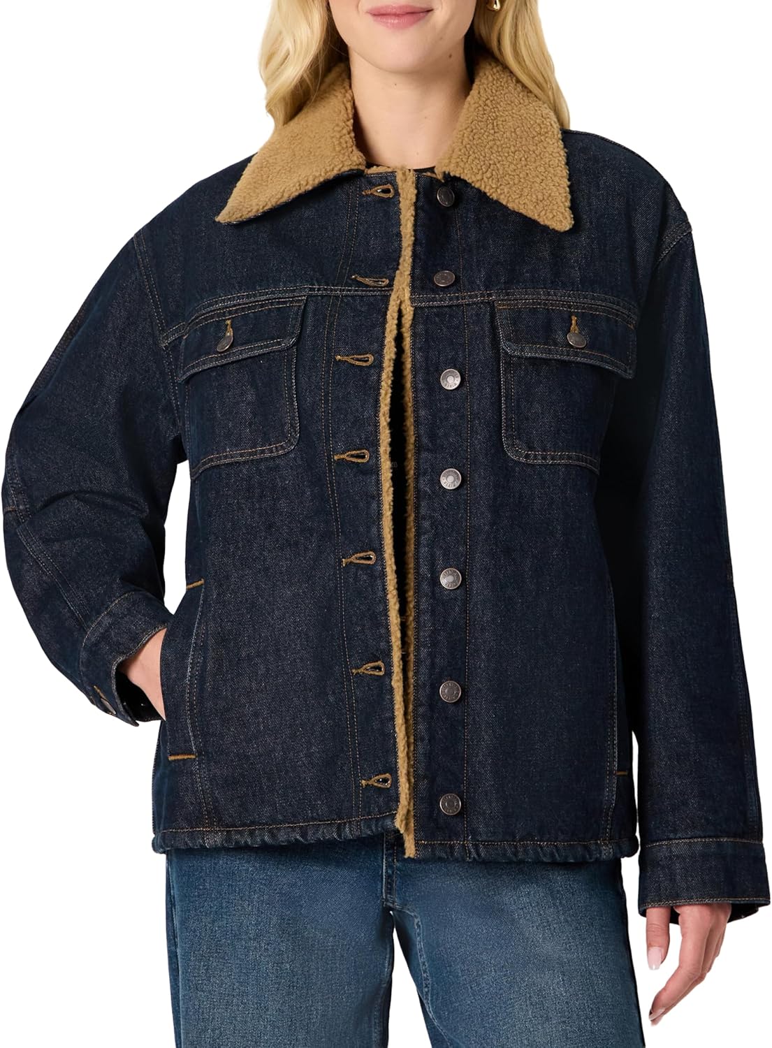 Amazon Essentials Women's Oversized-Fit Faux-Shearling Lined Denim Jacket