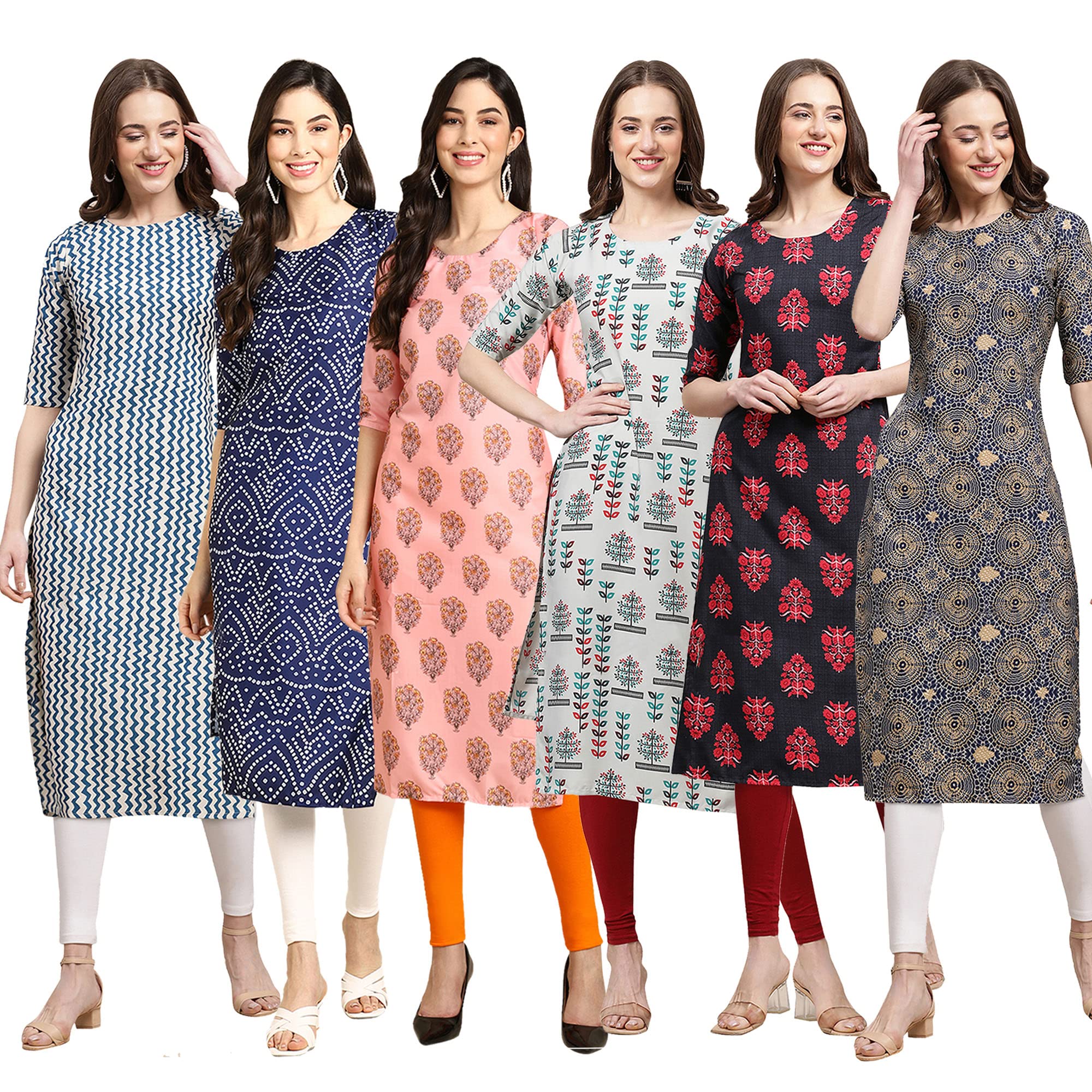 Pinkmint Women's Crepe Digital Print Straight Kurta Pack Of 6 [Cr-331-366-368-340-345-341-L]