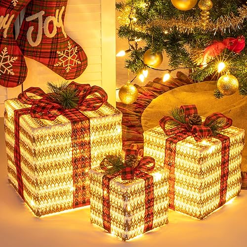Miniatura 4 de Sunnyglade Juego de 3 cajas de regalo iluminadas de Navidad de 10 a 8 a 6 pulgadas, cajas de decoración con enchufe, lazos, hojas de pino