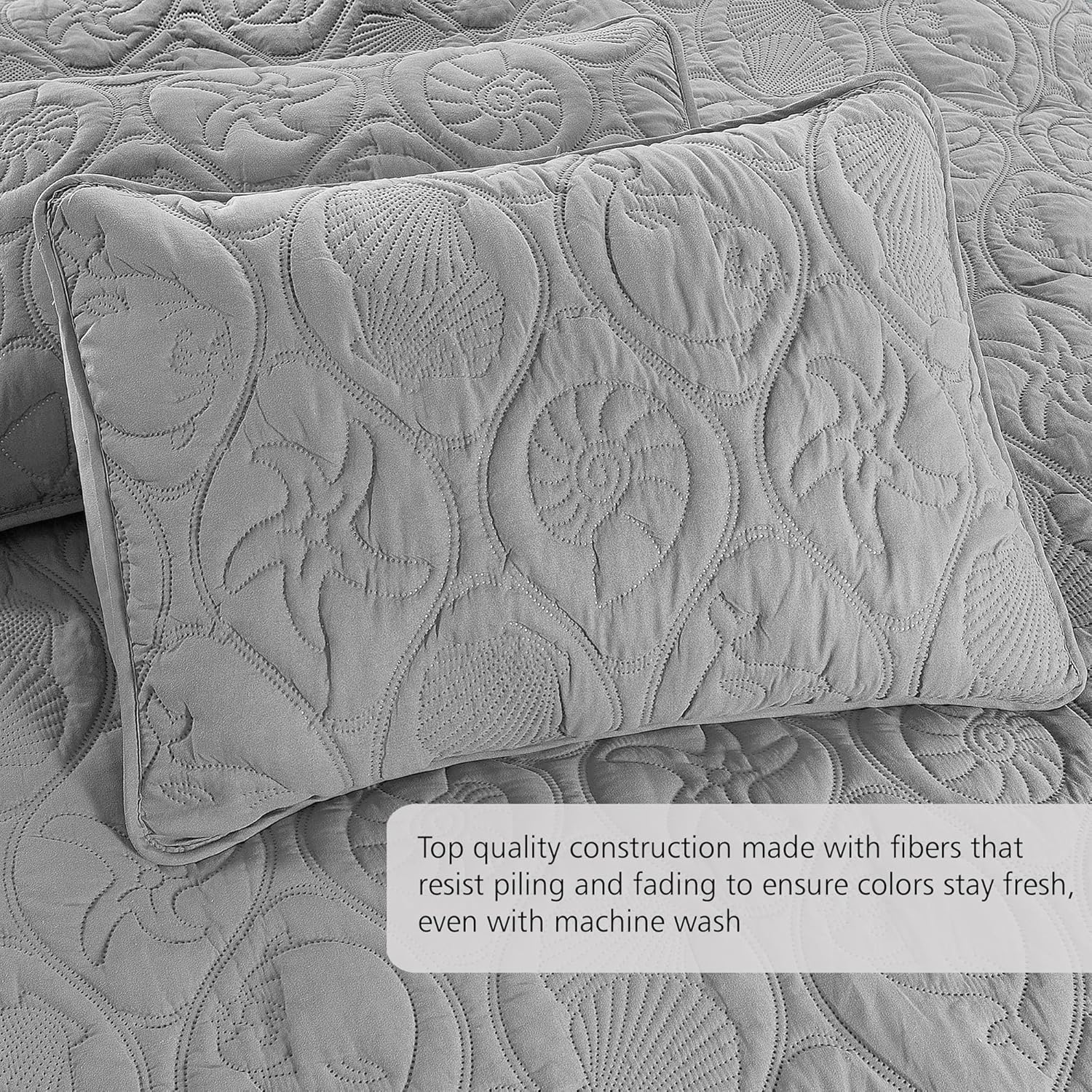 Pure Bedding Quilt Set Full/Queen Size Light Grey - Oversized Bedspread, Soft Microfiber Coverlet for All Season - Includes 1 Quilt and 2 Shams, Ocean Star Pattern - Image 3