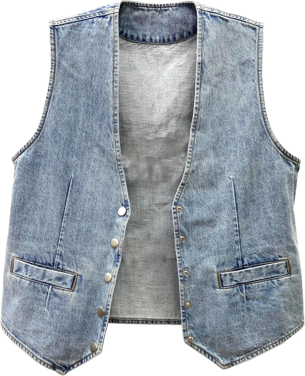 Women's V Neck Denim Vest Snap Button Down Jean Vest Sleeveless Denim Jacket with Fashion Sand Wash