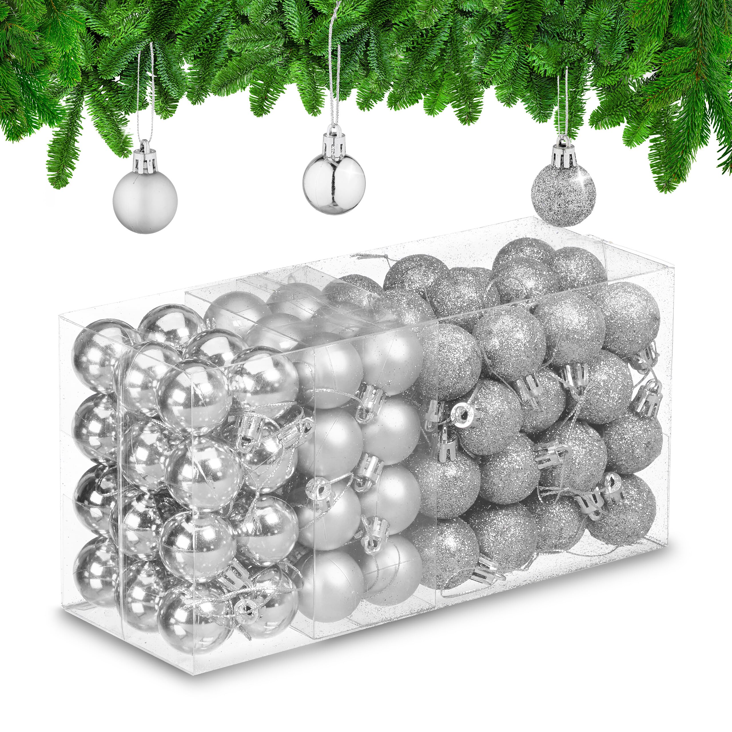 Relaxdays Weihnachtskugeln im 96er Set – Silber, matt, glitzernd und glänzend