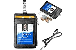 ELV Badge Holder with Zipper, PU Leather ID Badge Card Holder Wallet