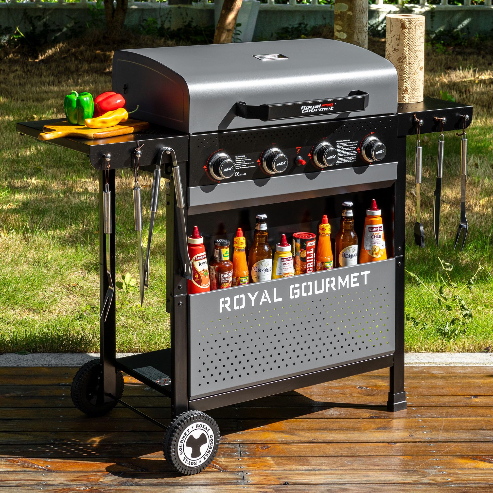 Royal Gourmet 4-Brenner Gasgrill 10 kW Grillwagen mit klappbaren Seitenablagen, Ablagekorb, Outdoor Gasgrill für Balkon, Terrasse, Garten und Camping