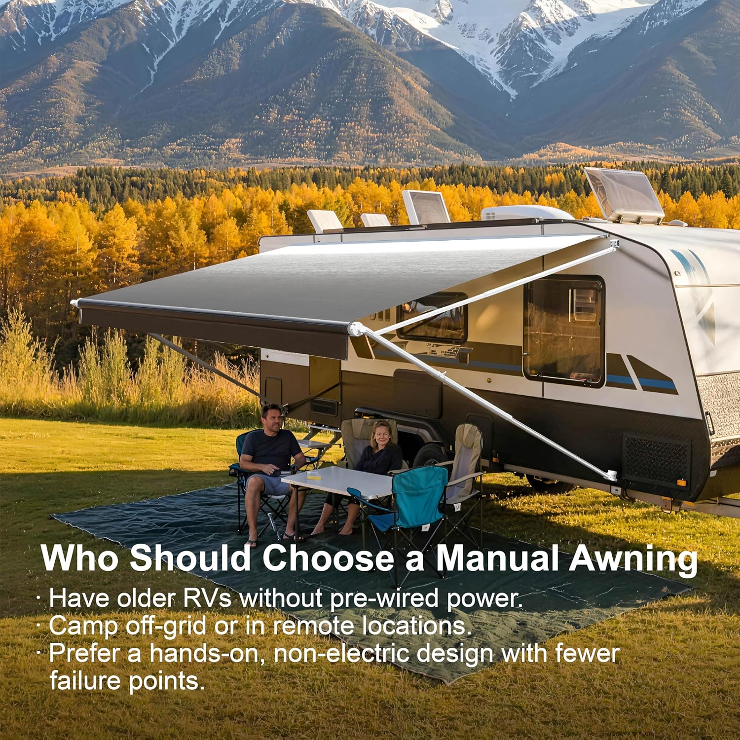 Suncode RV Awning for RV,Camper&Travel Trailers–Manual RV Awning Complete Kit,Manual Camper Awning,RV Roll Out Awning– 10x8Ft – White Frame &Black Fade