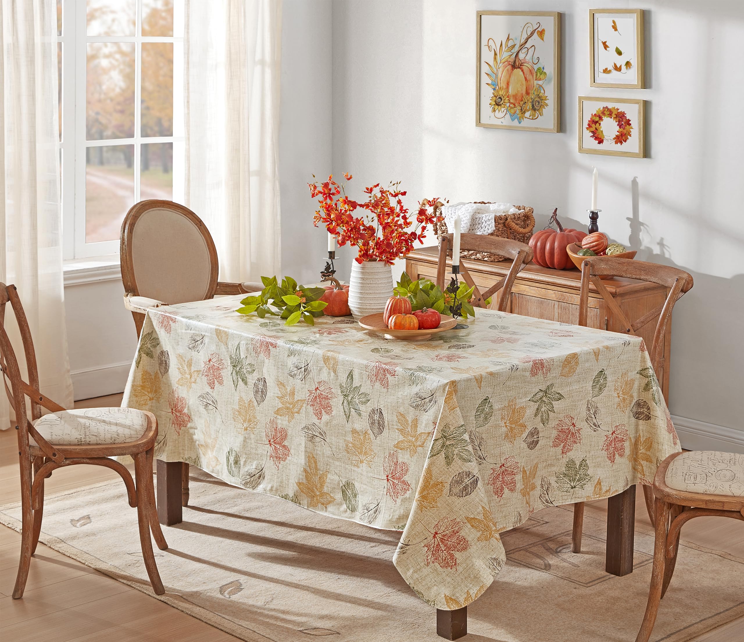 Newbridge Stamped Abstract Print Vinyl Flannel Backed Tablecloth, Contemporary Leaf Vinyl Tablecloth with Flannel Backing, 60” x 84” Oblong/Rectangle