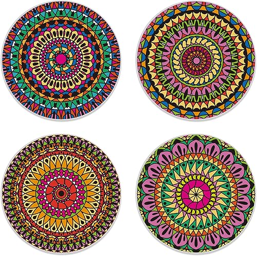 Miniatura 11 de Juego de 4 posavasos de cerámica con fondo de corcho para tazas y tazas, decoración del hogar, 4 pulgadas Retro Groovy Flores Abstracto Margarita