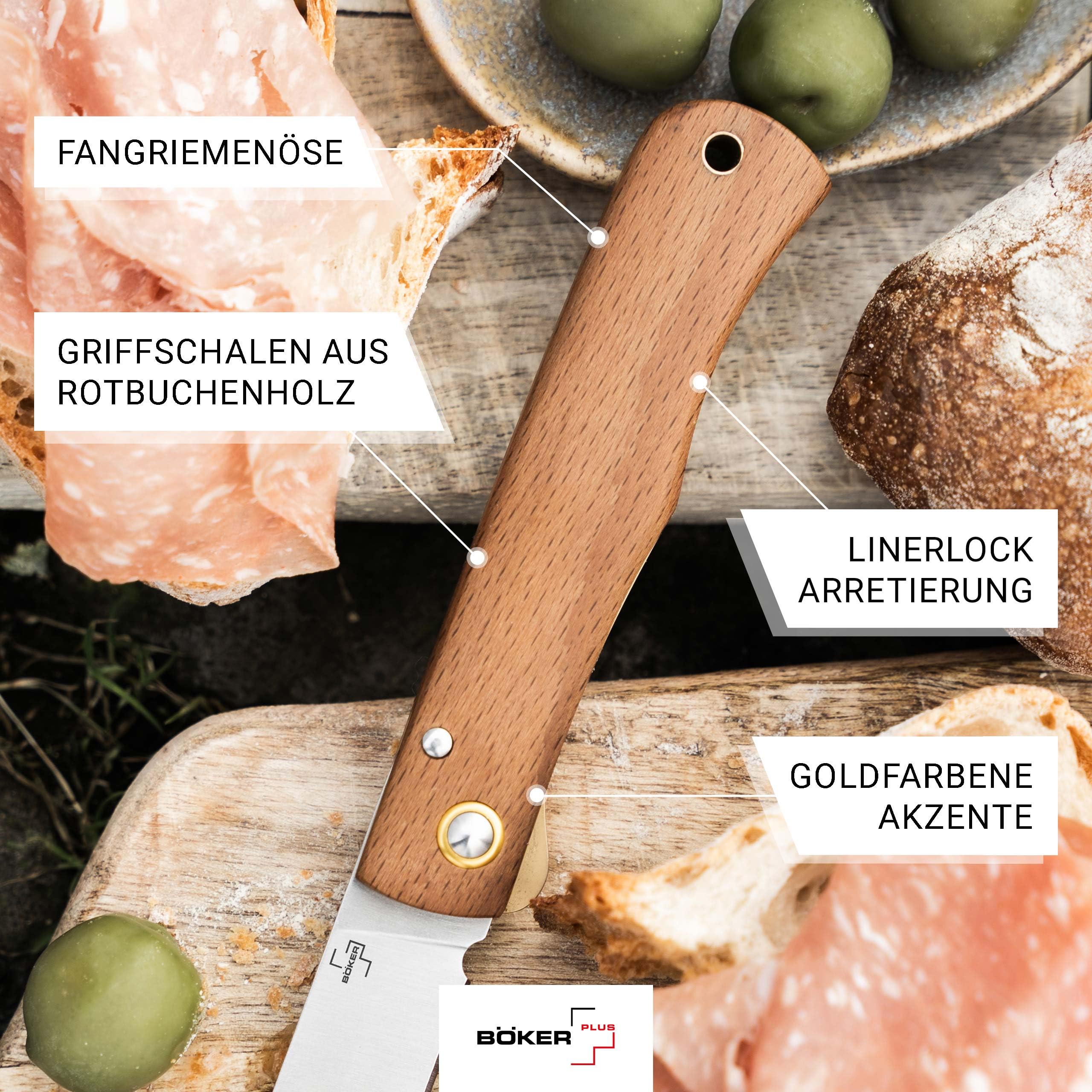 BÖKER PLUS® Rusticus – 42a konformes Taschenmesser mit Holzgriff – legales Zweihandmesser mit Linerlock – klassisches EDC Klappmesser mit 420 Clippoint-Klinge & Nagelhau